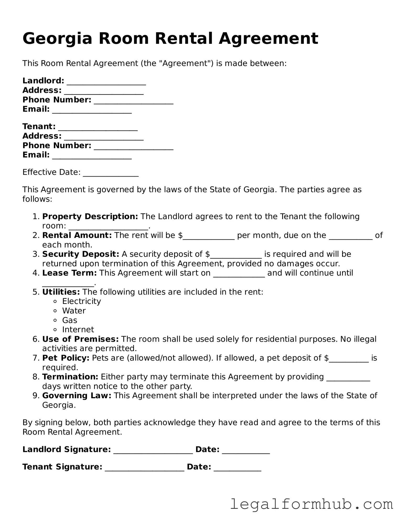 Free  Room Rental Agreement Template for Georgia
