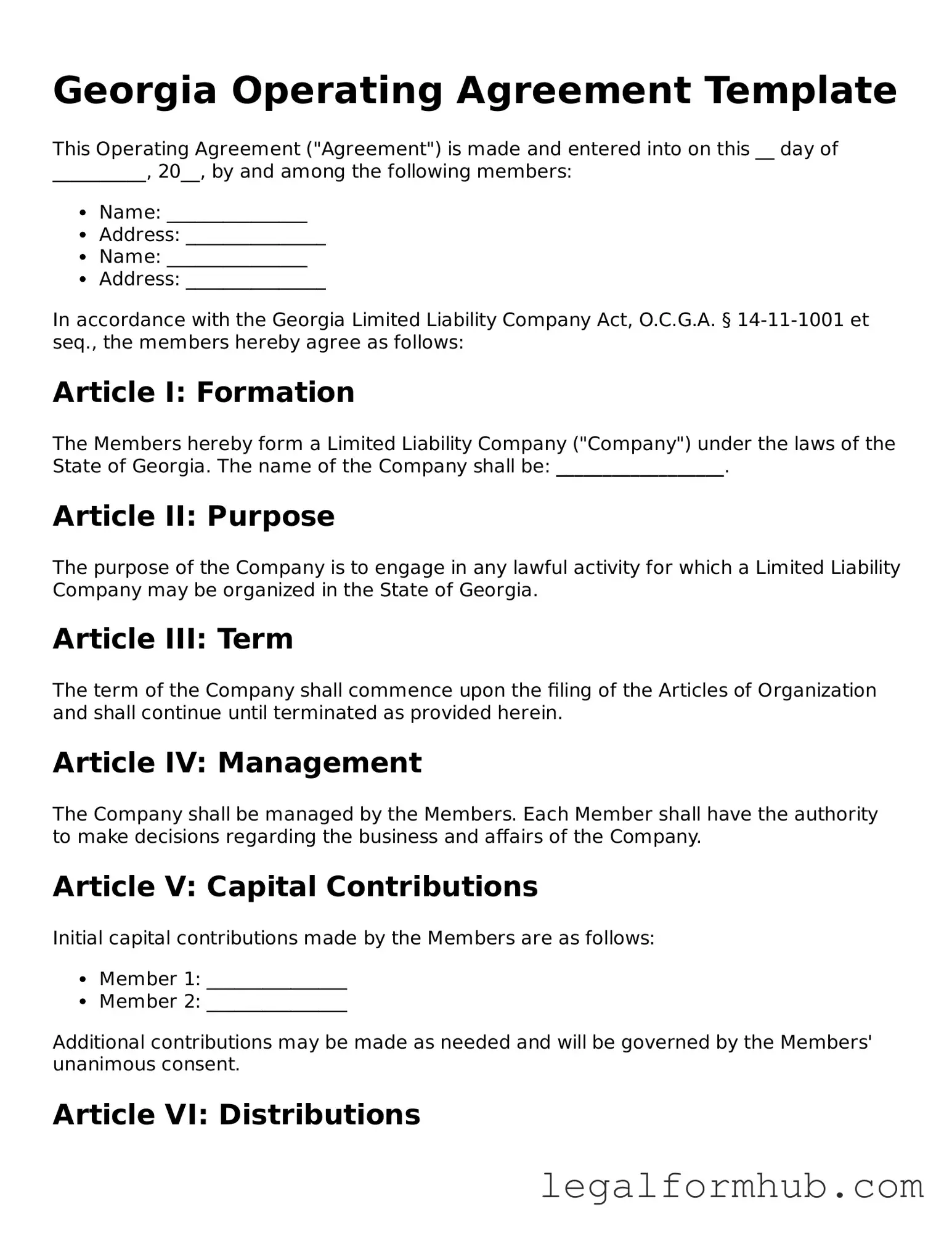 Free  Operating Agreement Template for Georgia