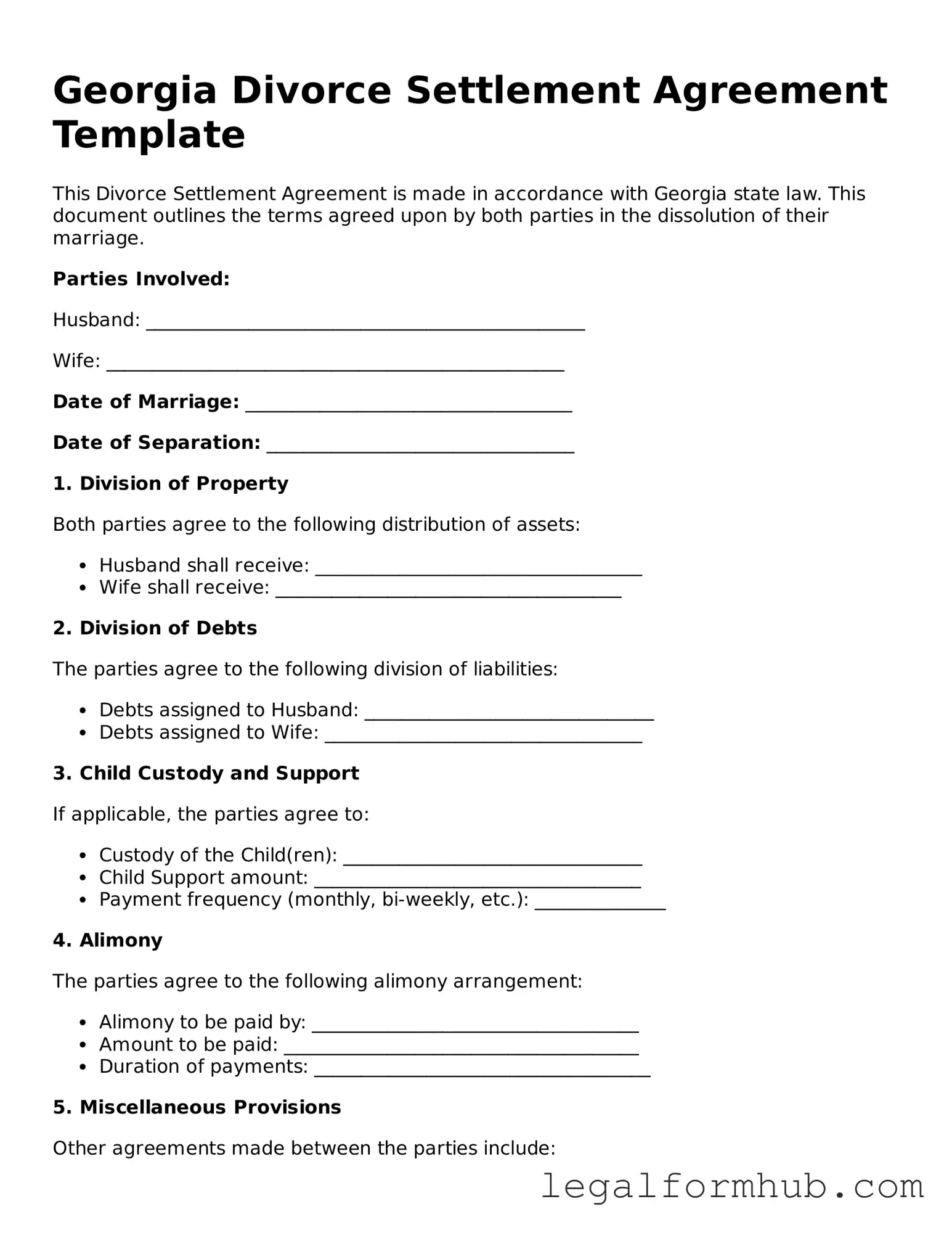 Free  Divorce Settlement Agreement Template for Georgia