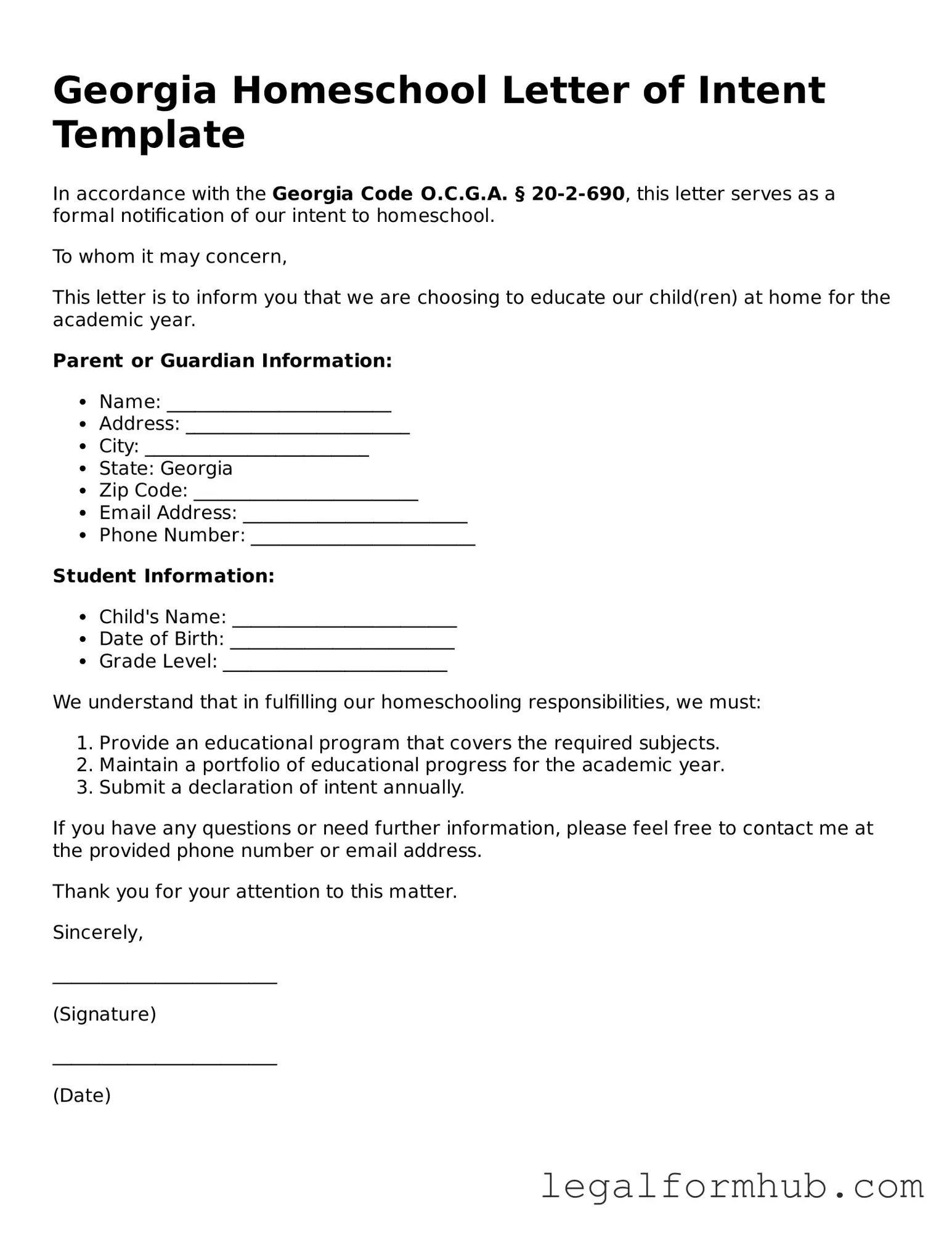 Free  Homeschool Letter of Intent Template for Georgia