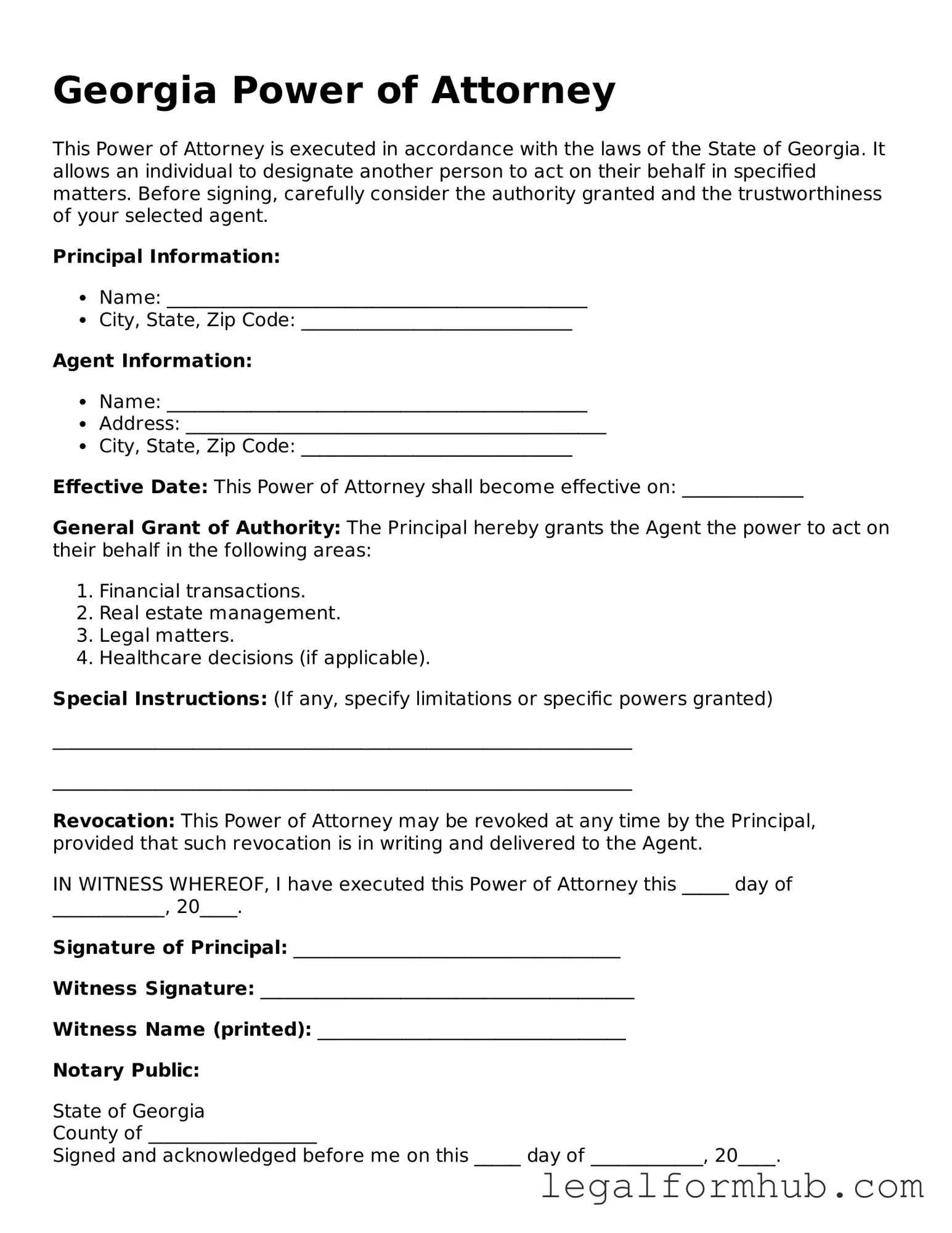 Free  Power of Attorney Template for Georgia