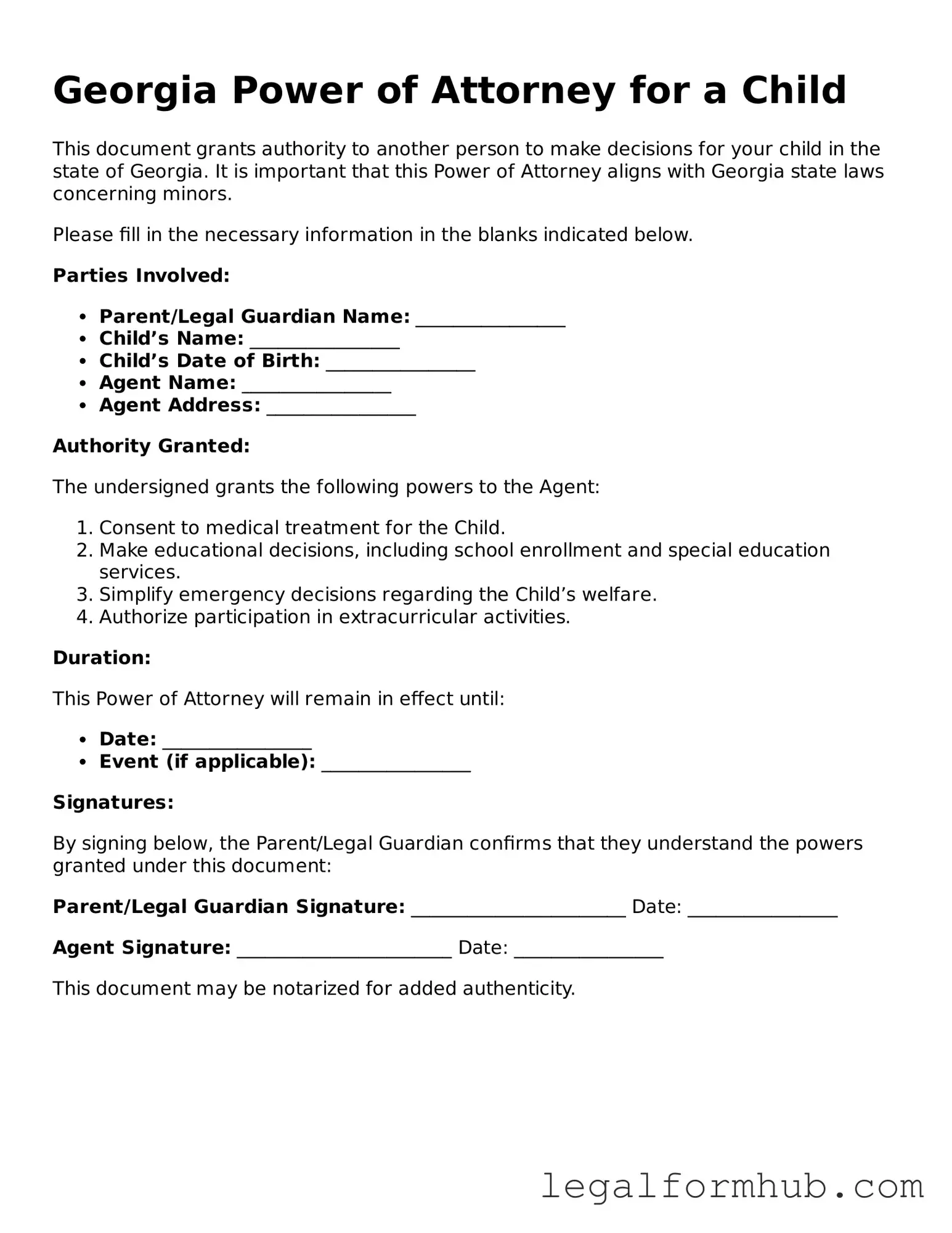 Free  Power of Attorney for a Child Template for Georgia