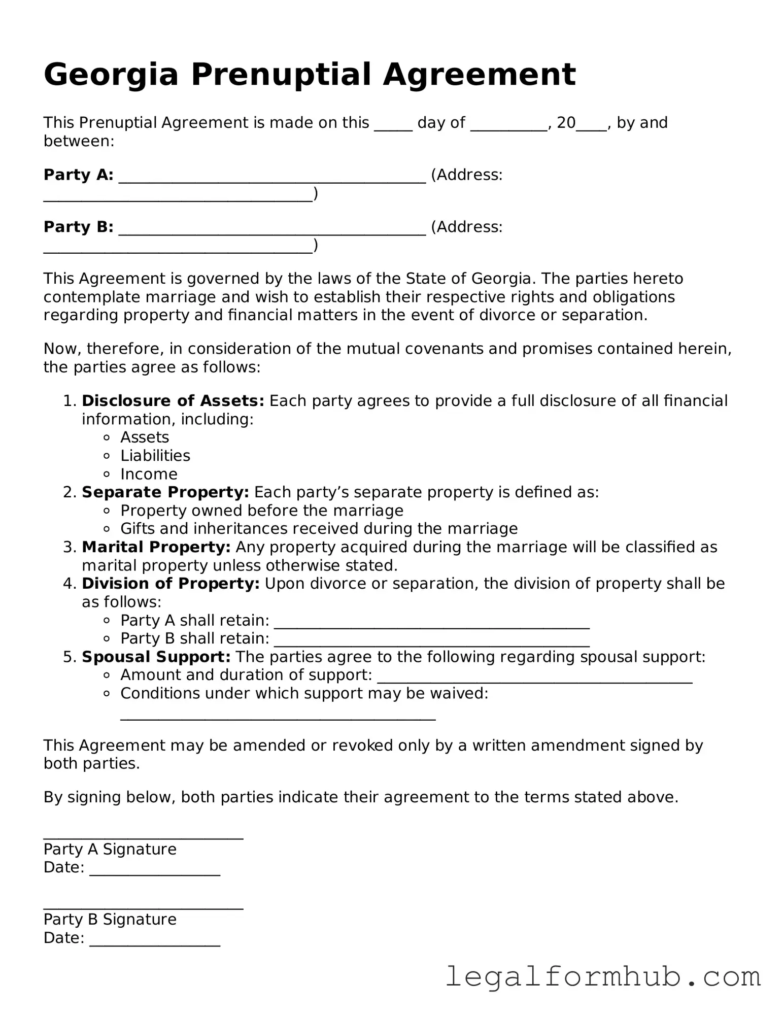 Free  Prenuptial Agreement Template for Georgia