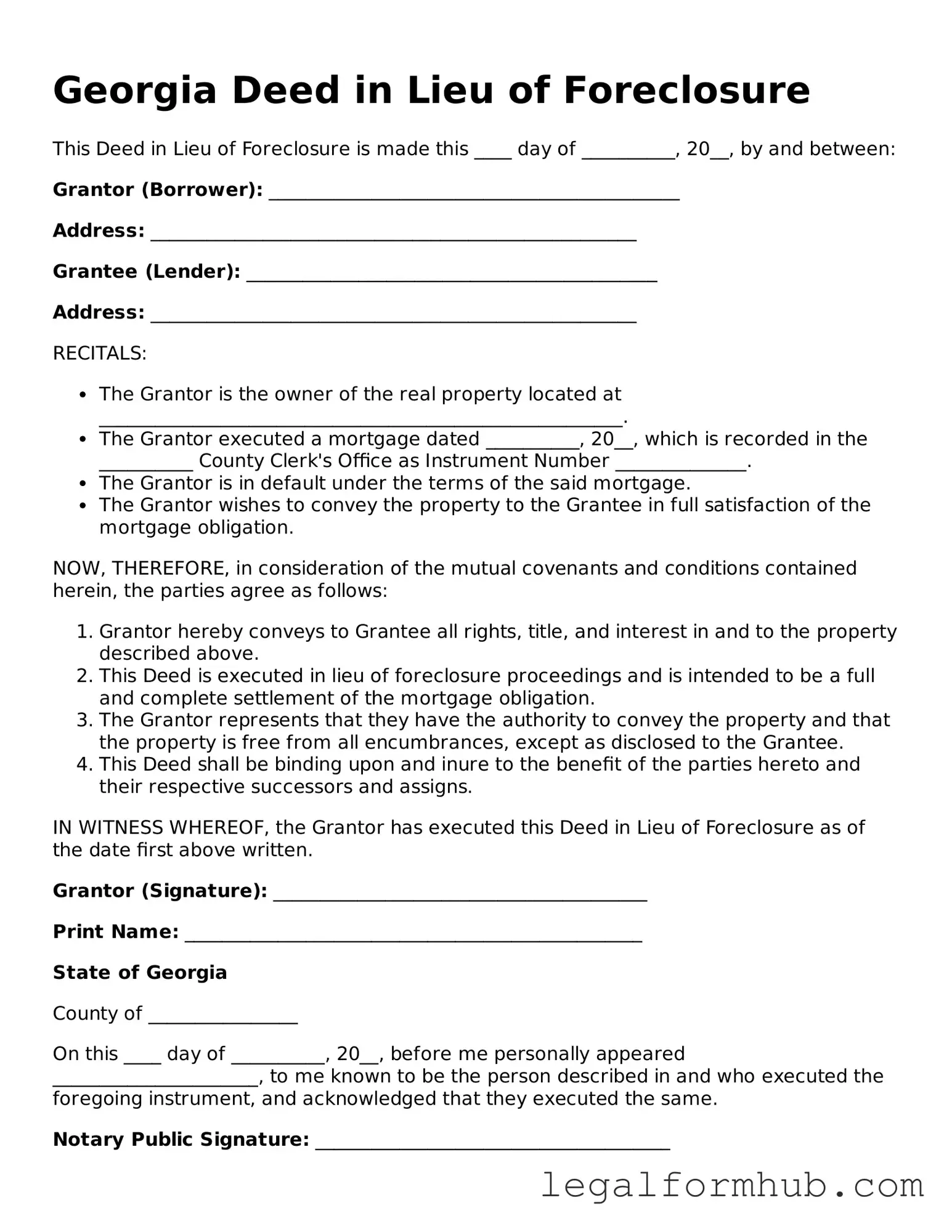 Free  Deed in Lieu of Foreclosure Template for Georgia