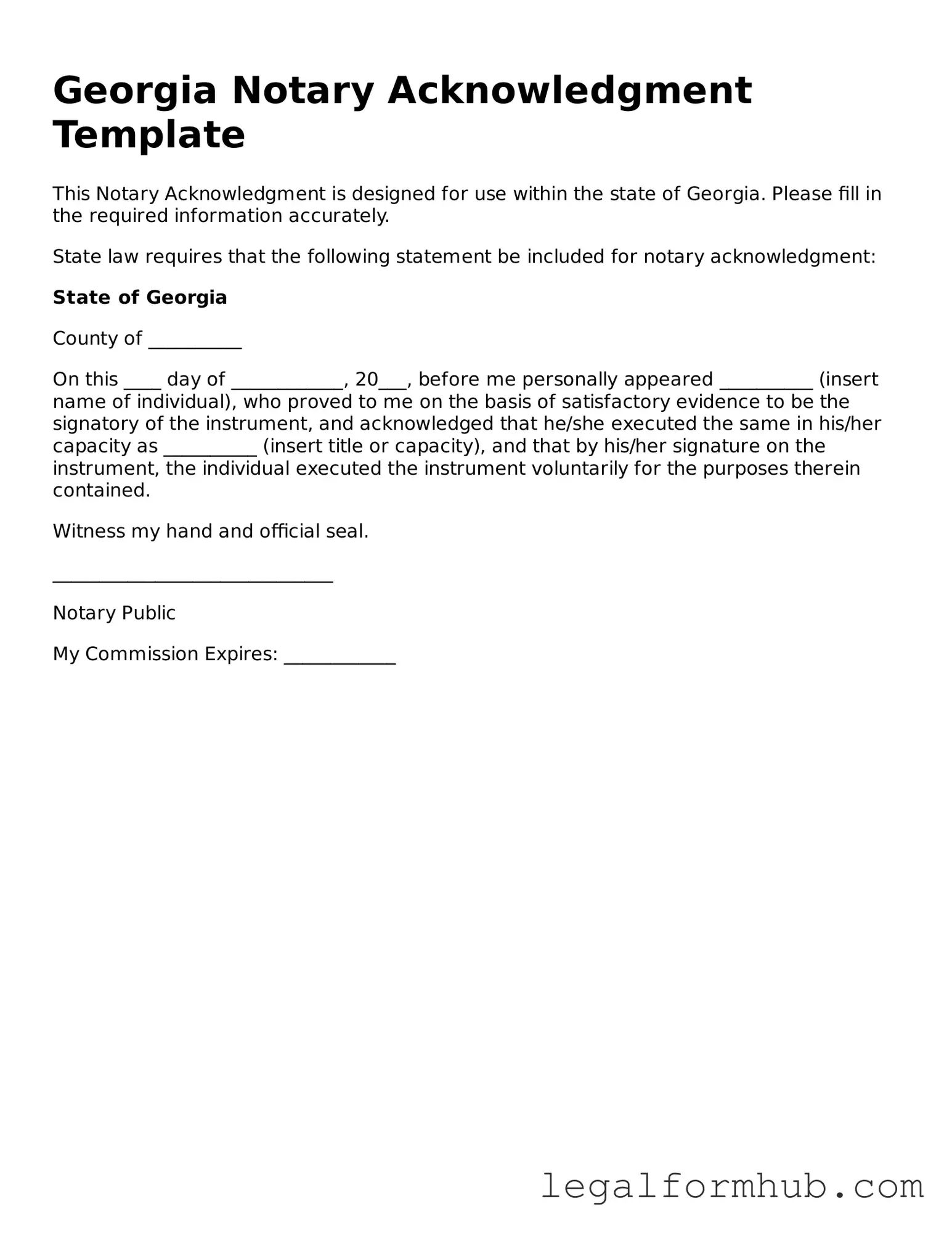 Free  Notary Acknowledgement Template for Georgia