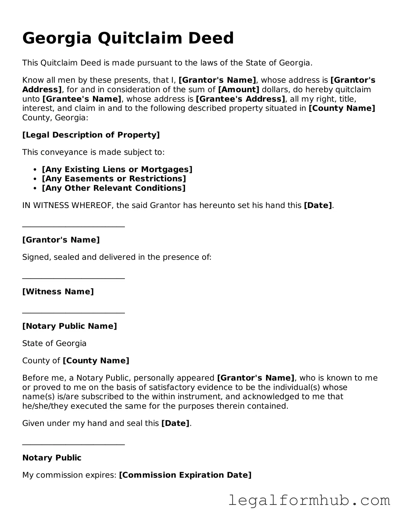 Free  Quitclaim Deed Template for Georgia