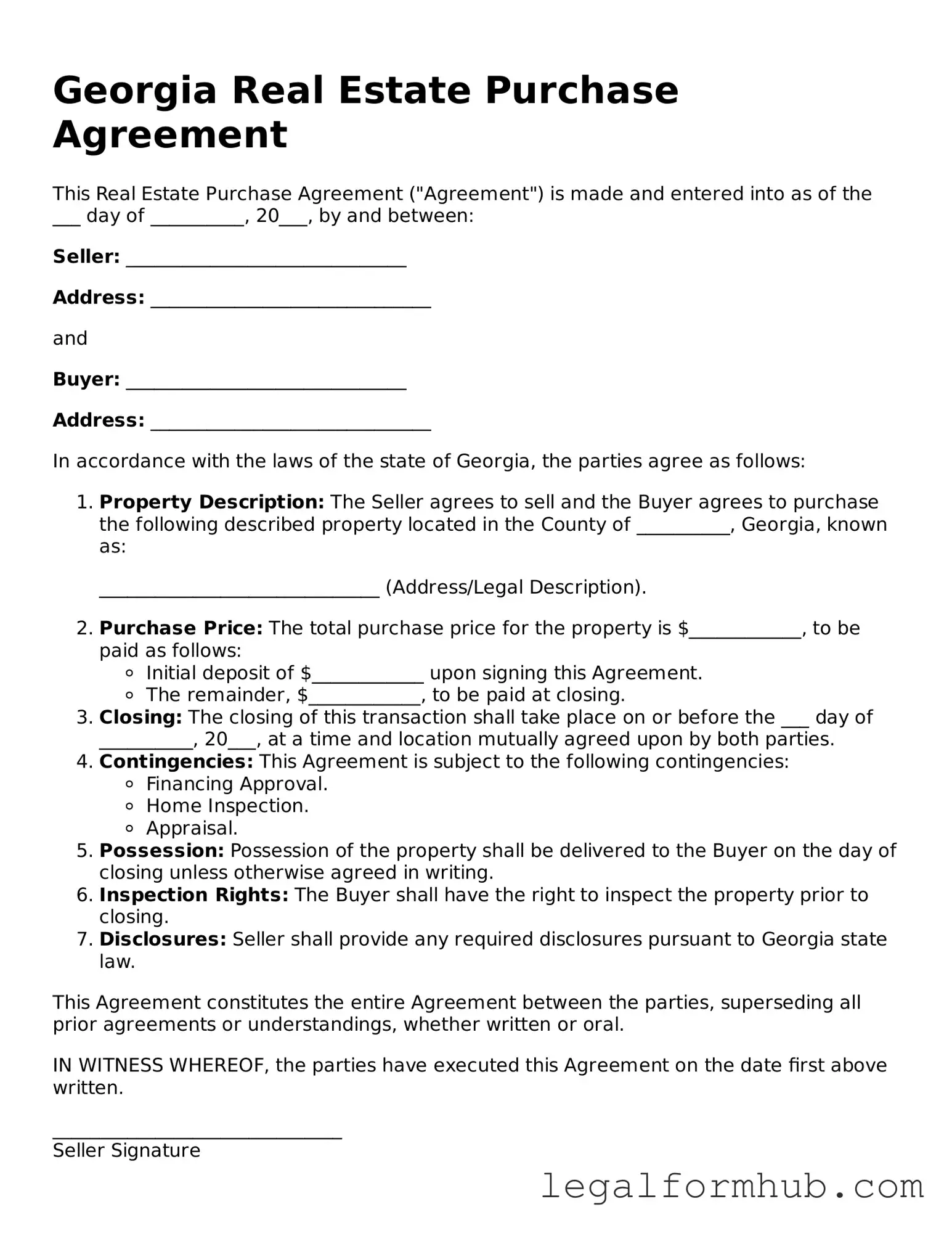 Free  Real Estate Purchase Agreement Template for Georgia