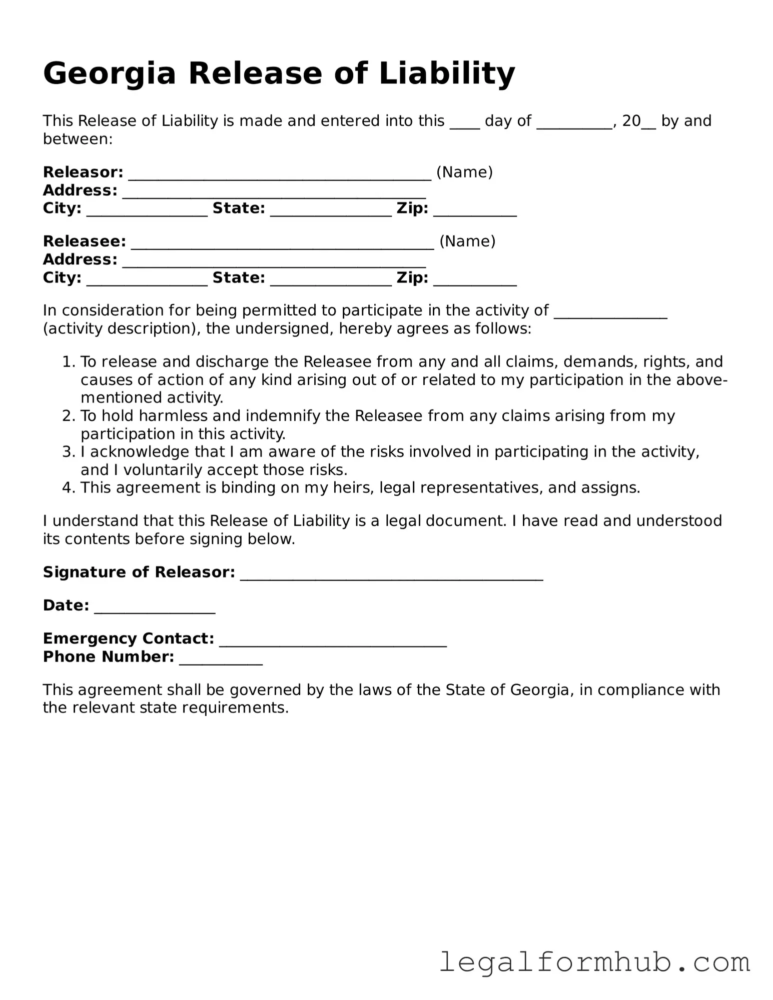 Free  Release of Liability Template for Georgia