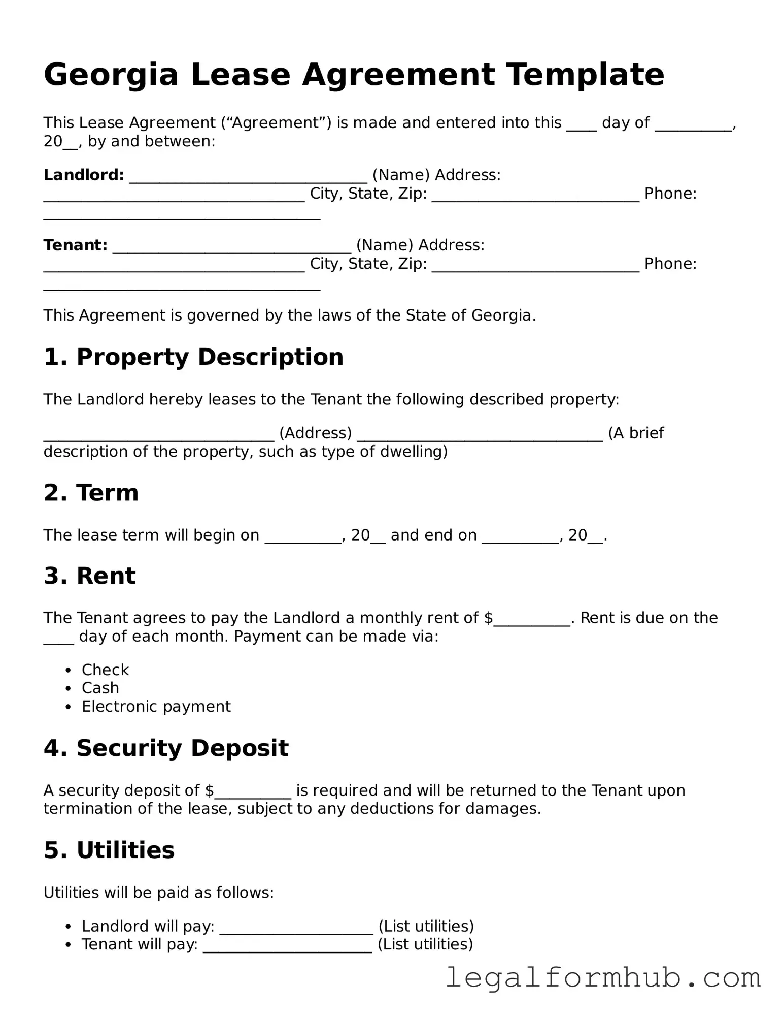 Free  Lease Agreement Template for Georgia