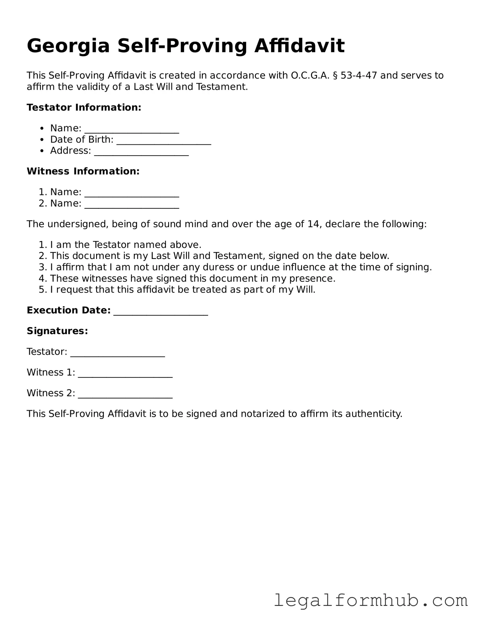 Free  Self-Proving Affidavit Template for Georgia