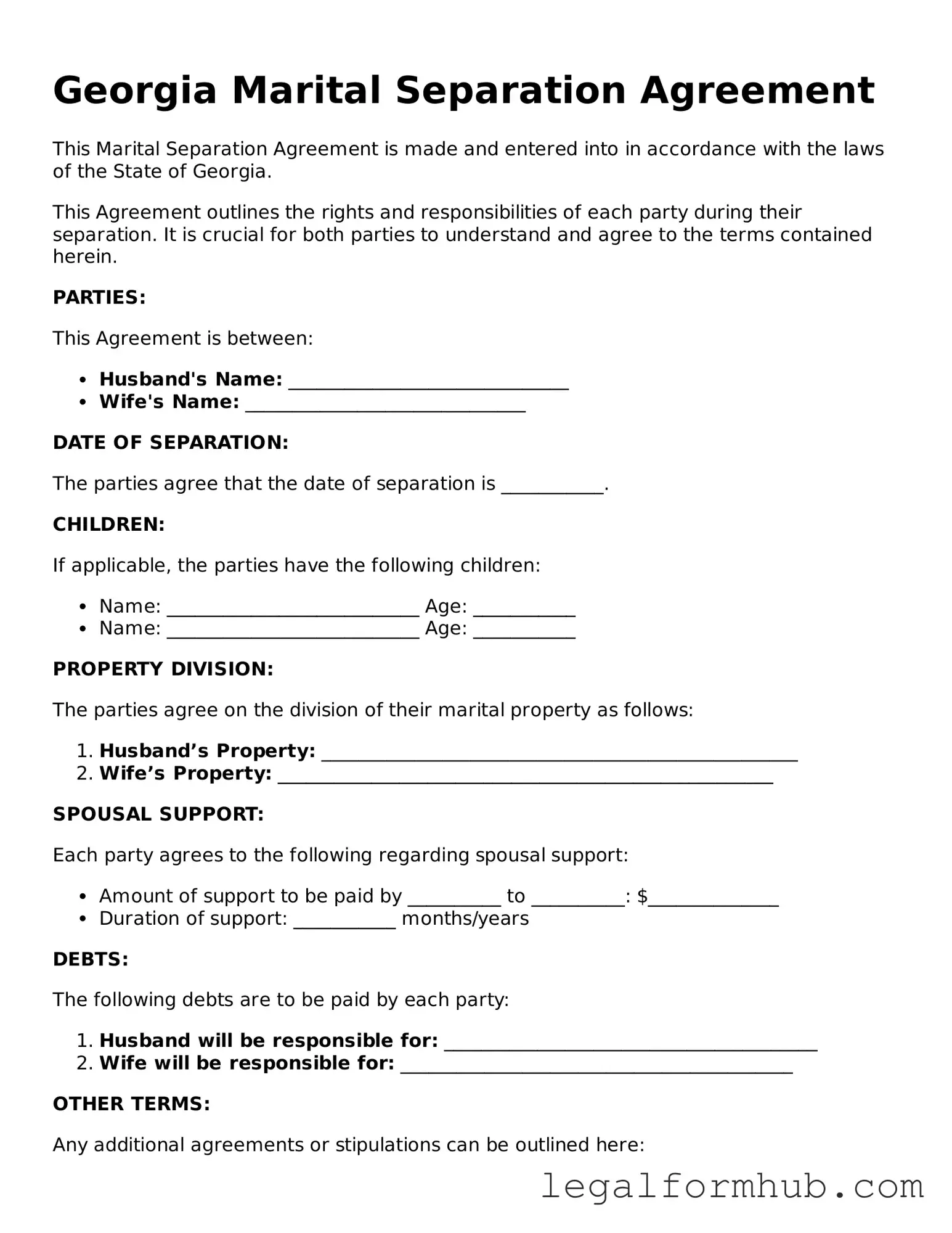 Free  Marital Separation Agreement Template for Georgia