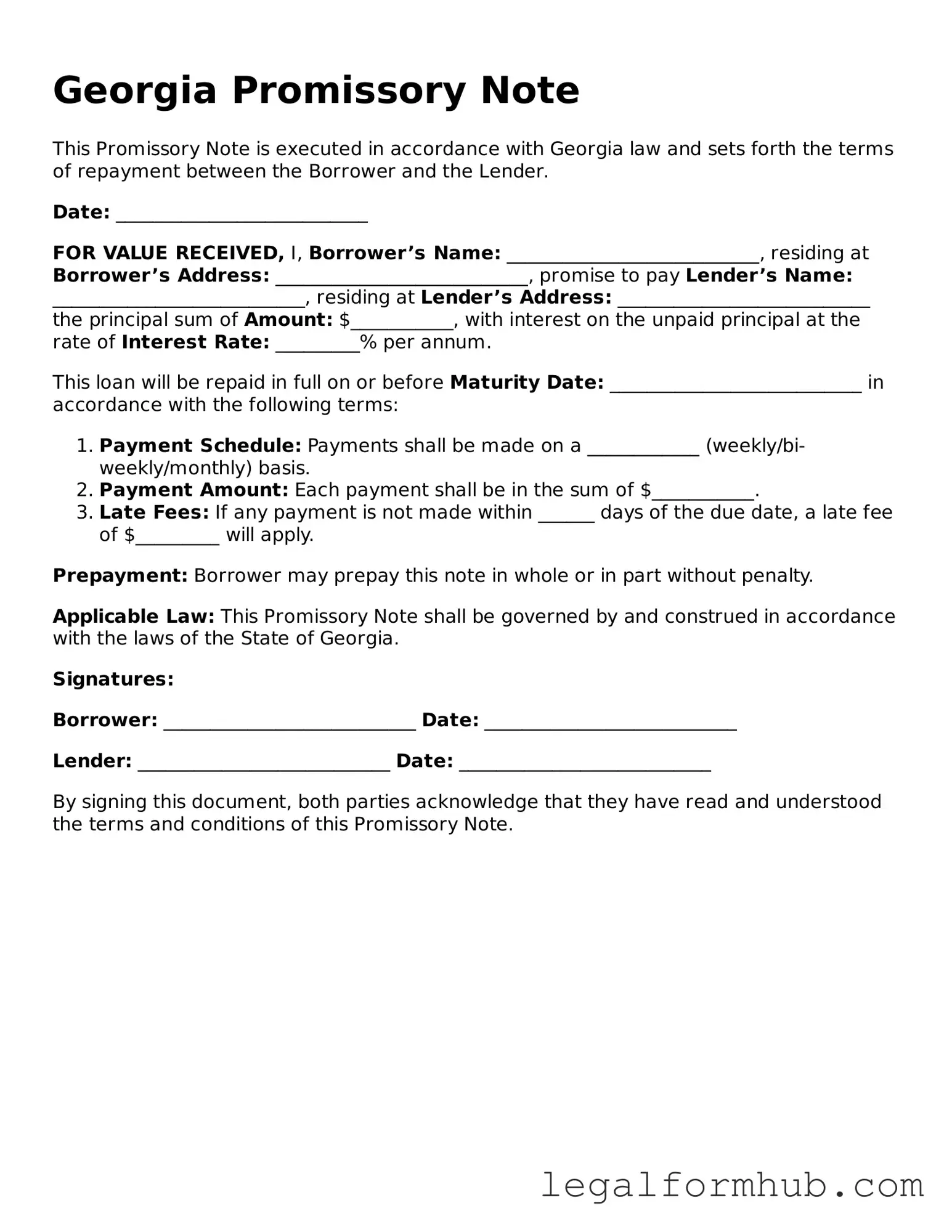 Free  Promissory Note Template for Georgia
