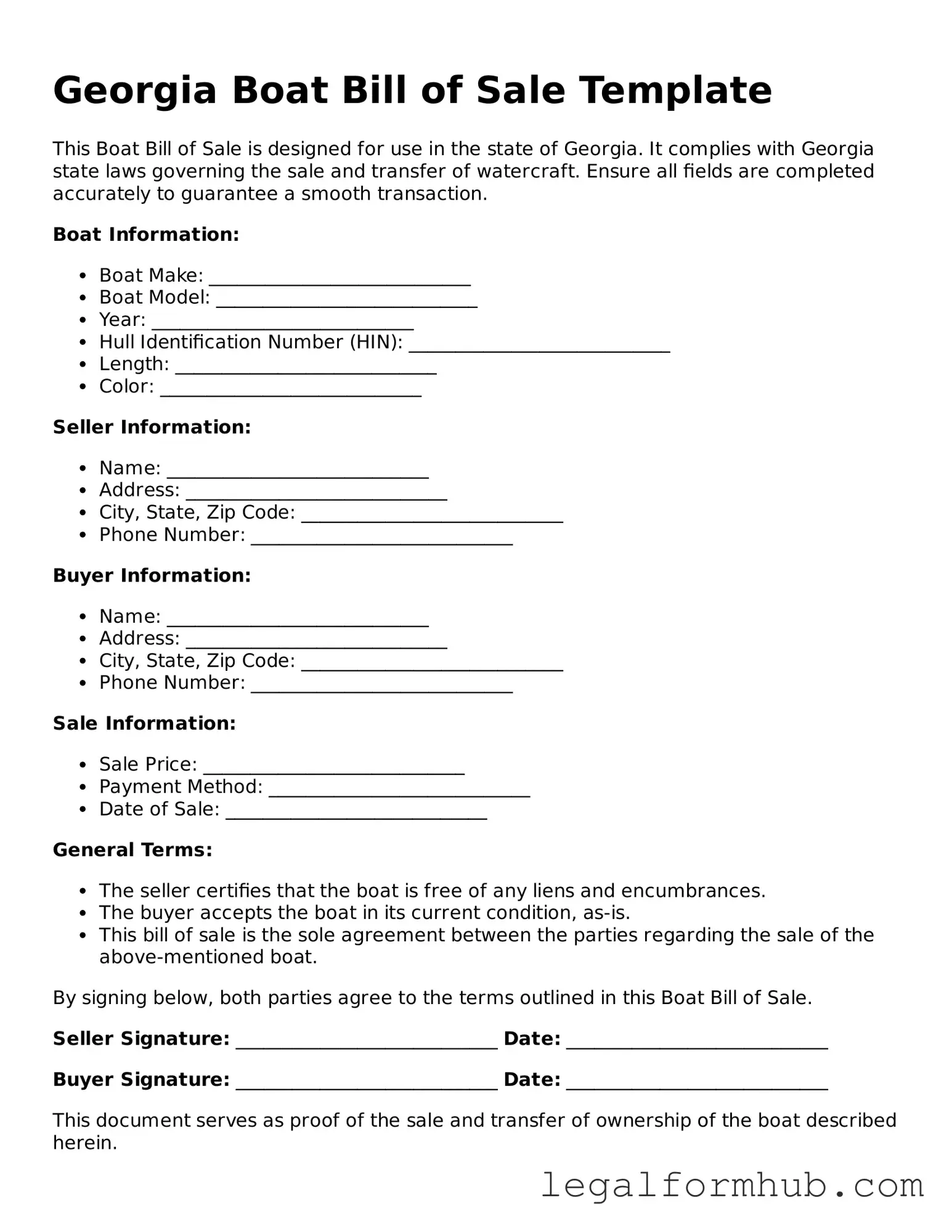 Free  Boat Bill of Sale Template for Georgia