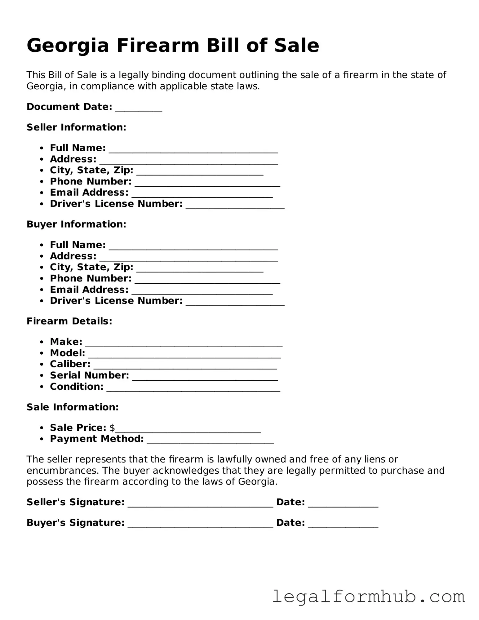 Free  Firearm Bill of Sale Template for Georgia