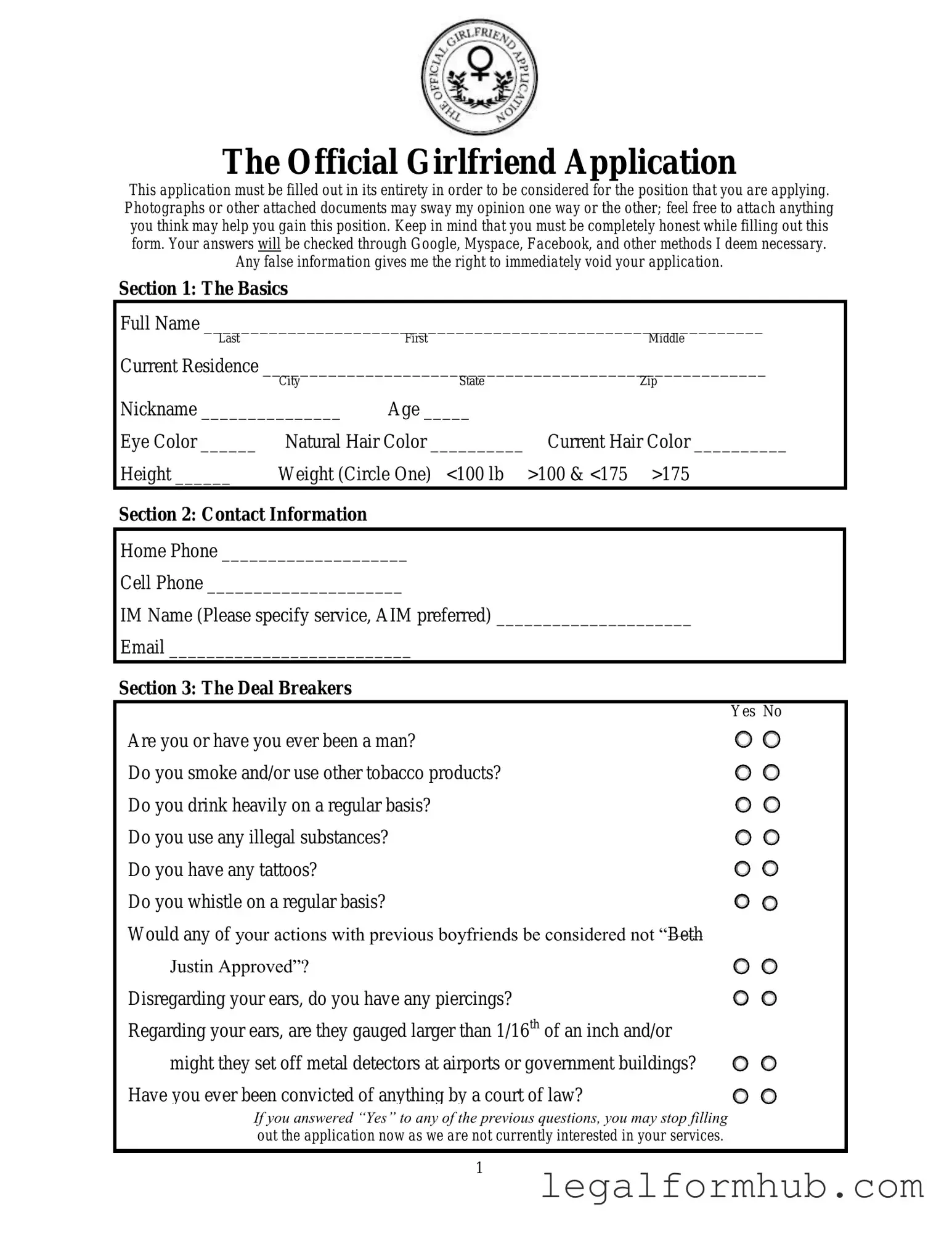 Fill Your Girlfriend Application Form
