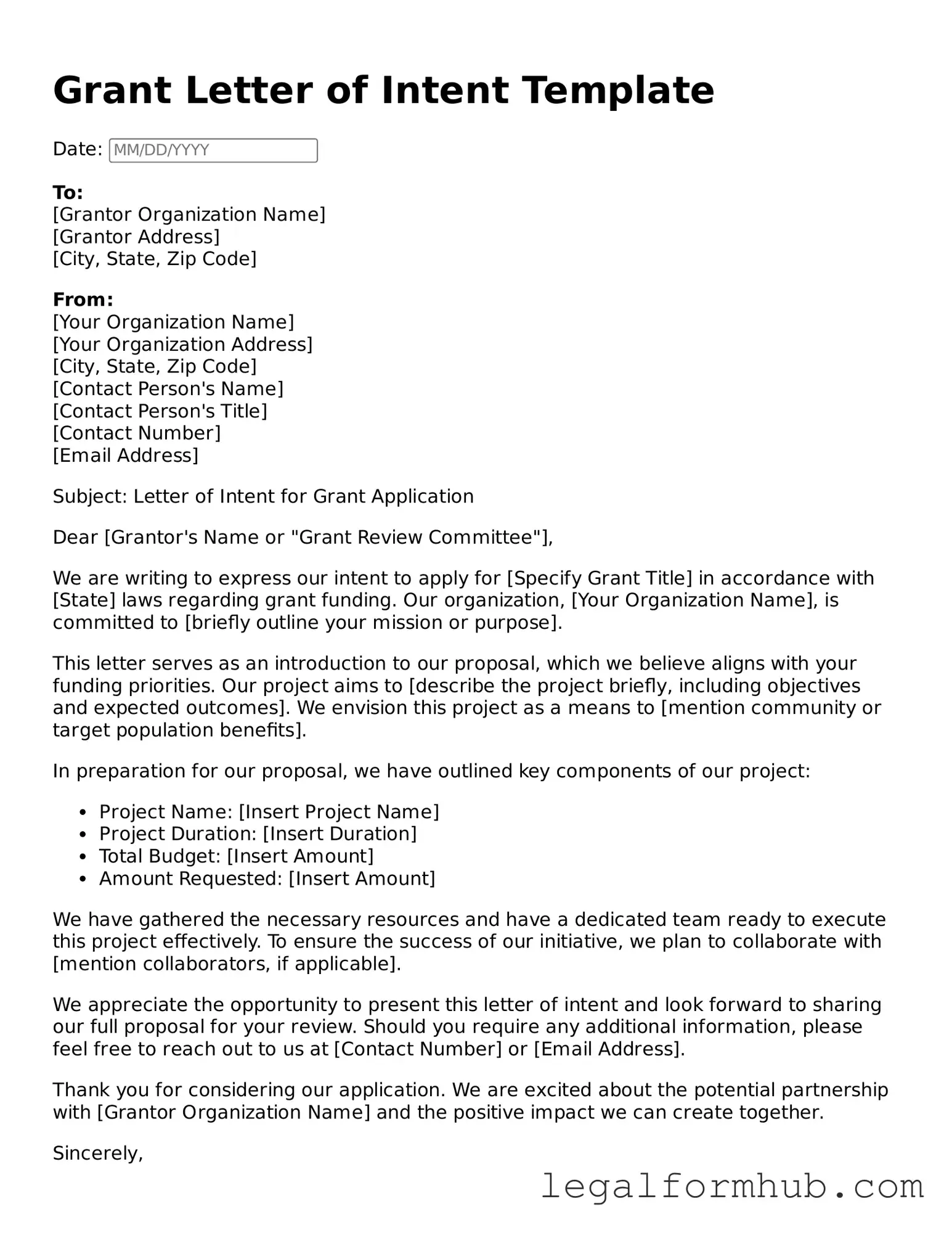 Printable Grant Letter of Intent Document