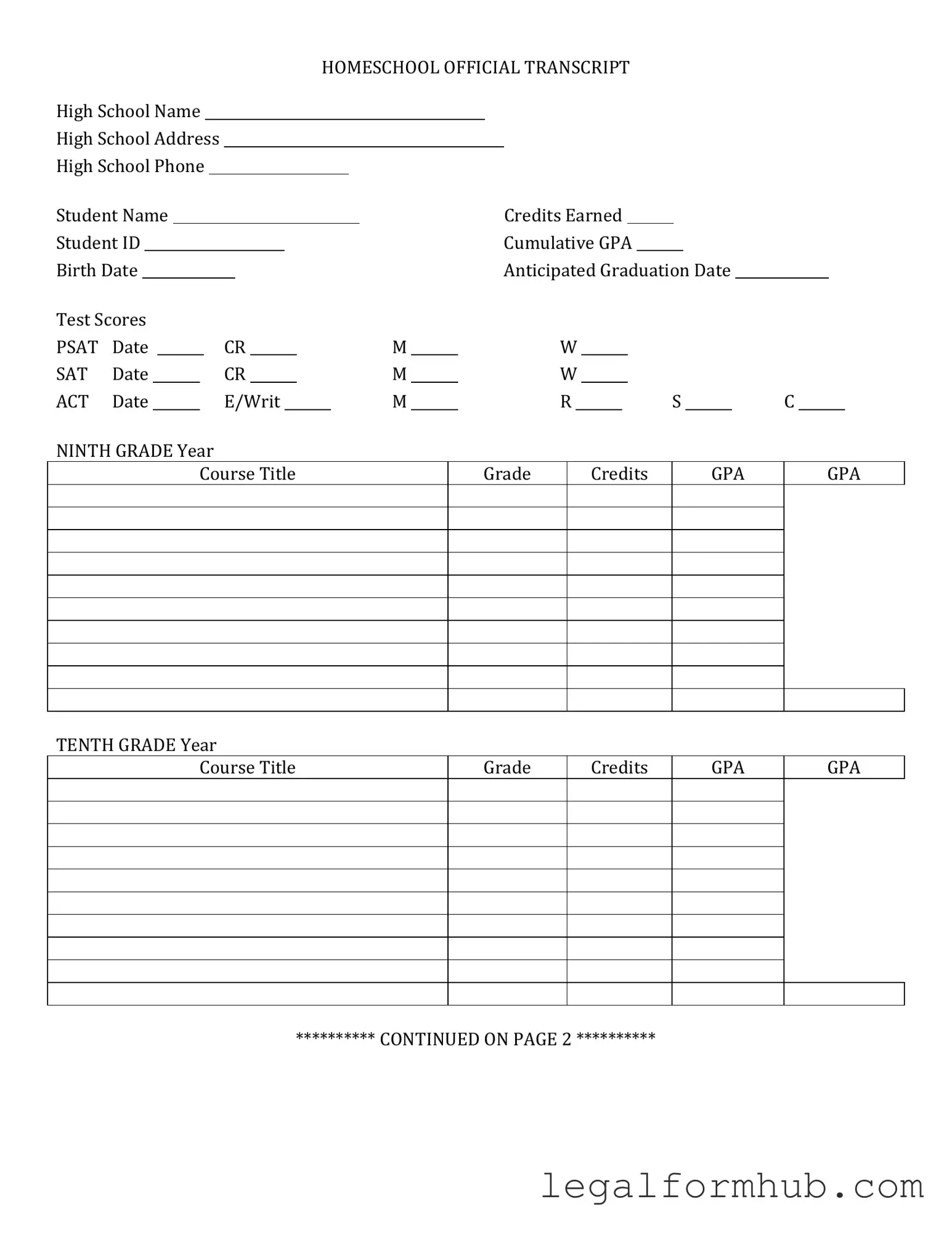 Fill Your High School Transcript Form