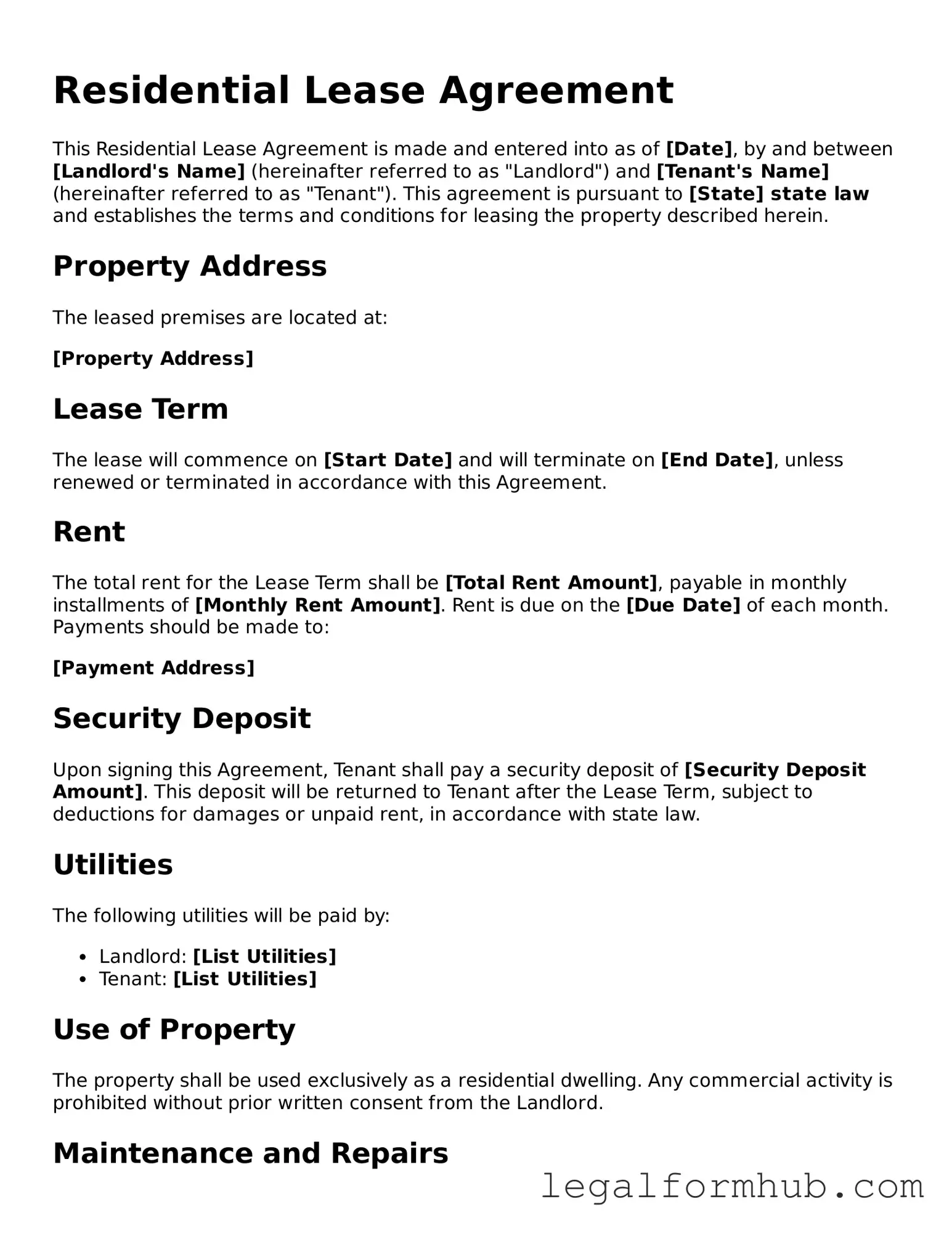 Printable Residential Lease Agreement Document