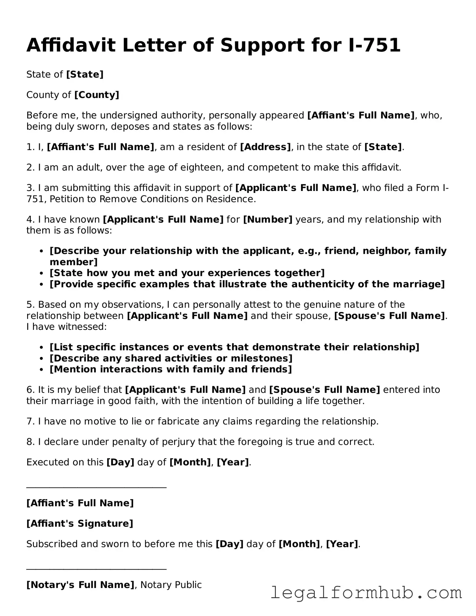 Printable Affidavit Letter of Support for I-751 Document