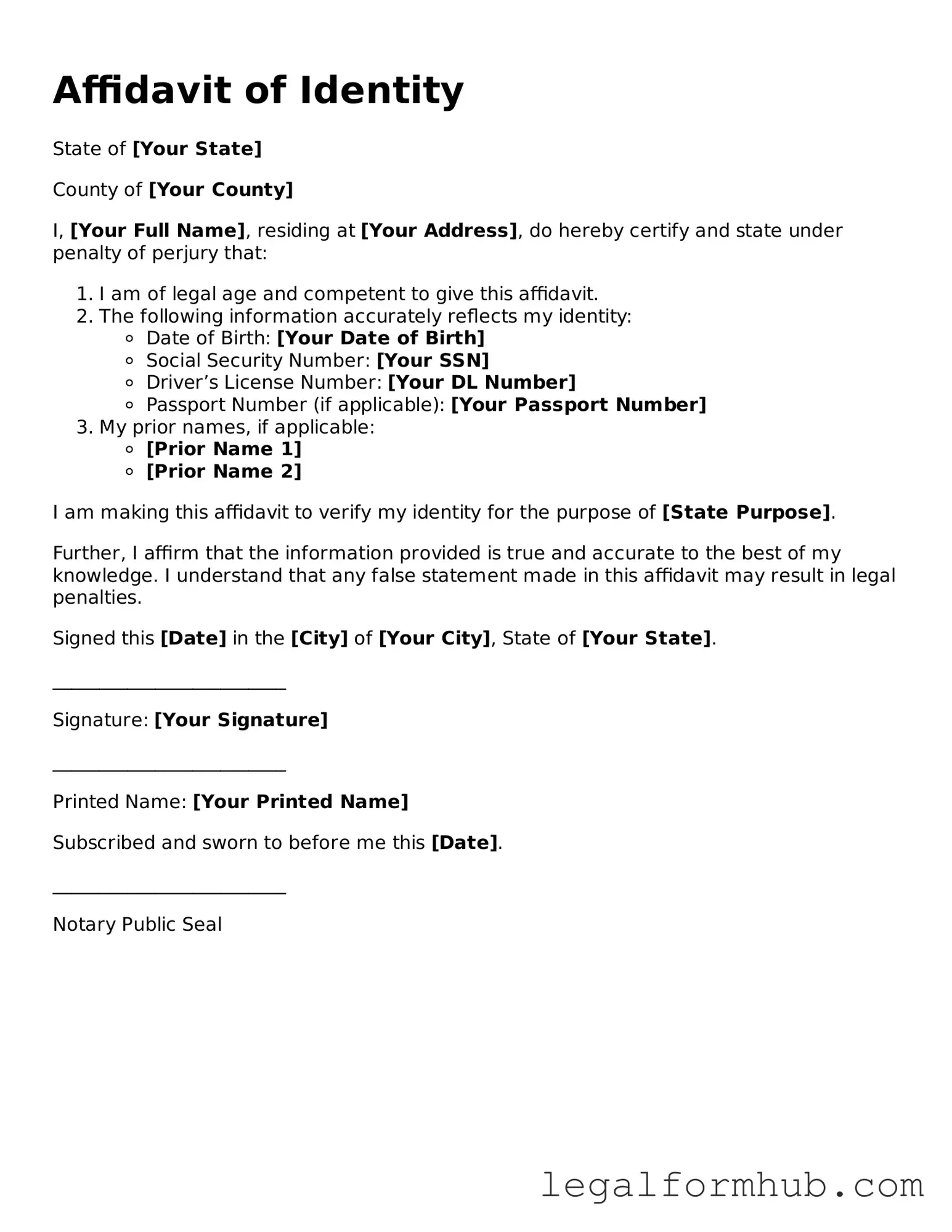 Printable Affidavit of Identity Document