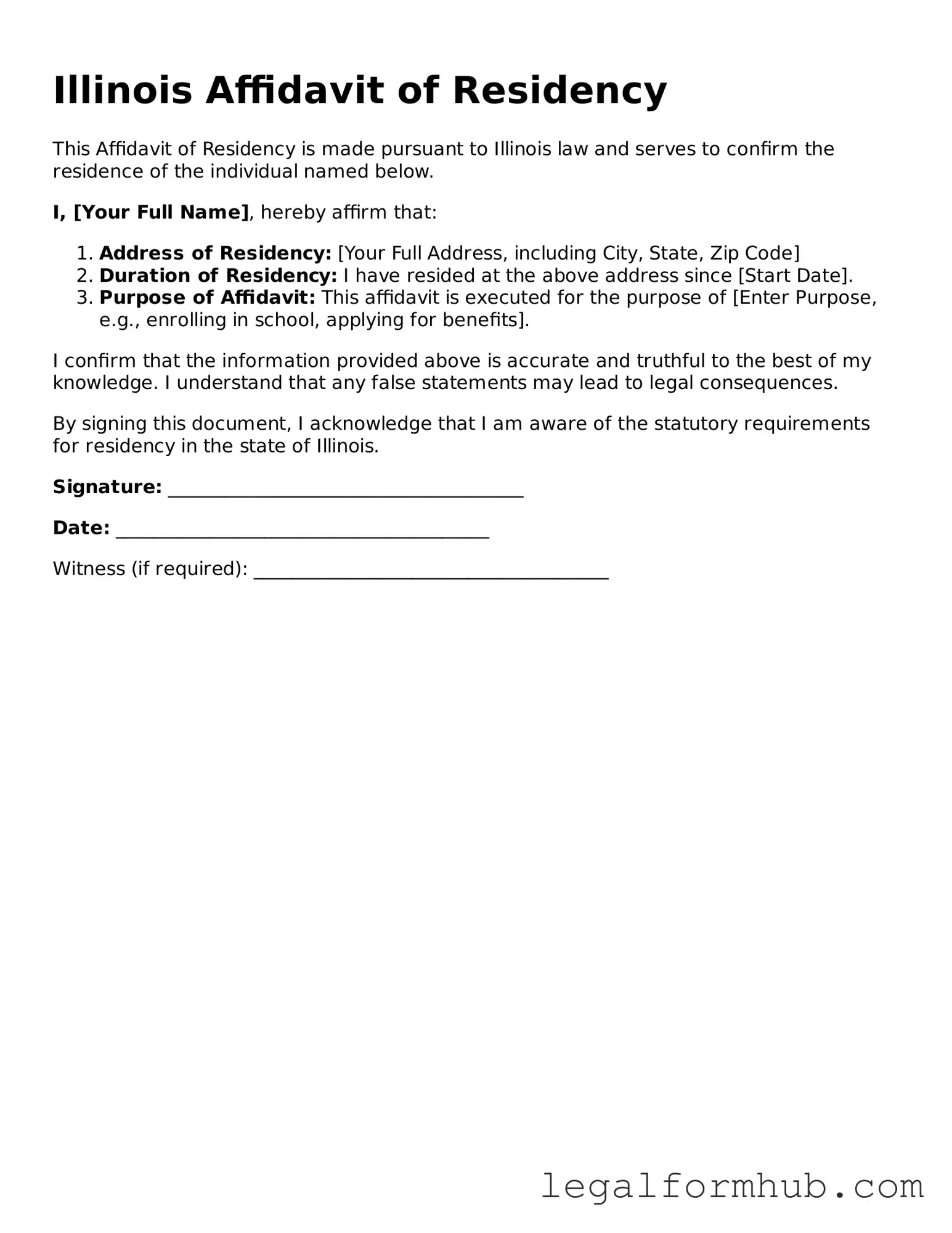Free  Affidavit of Residency Template for Illinois