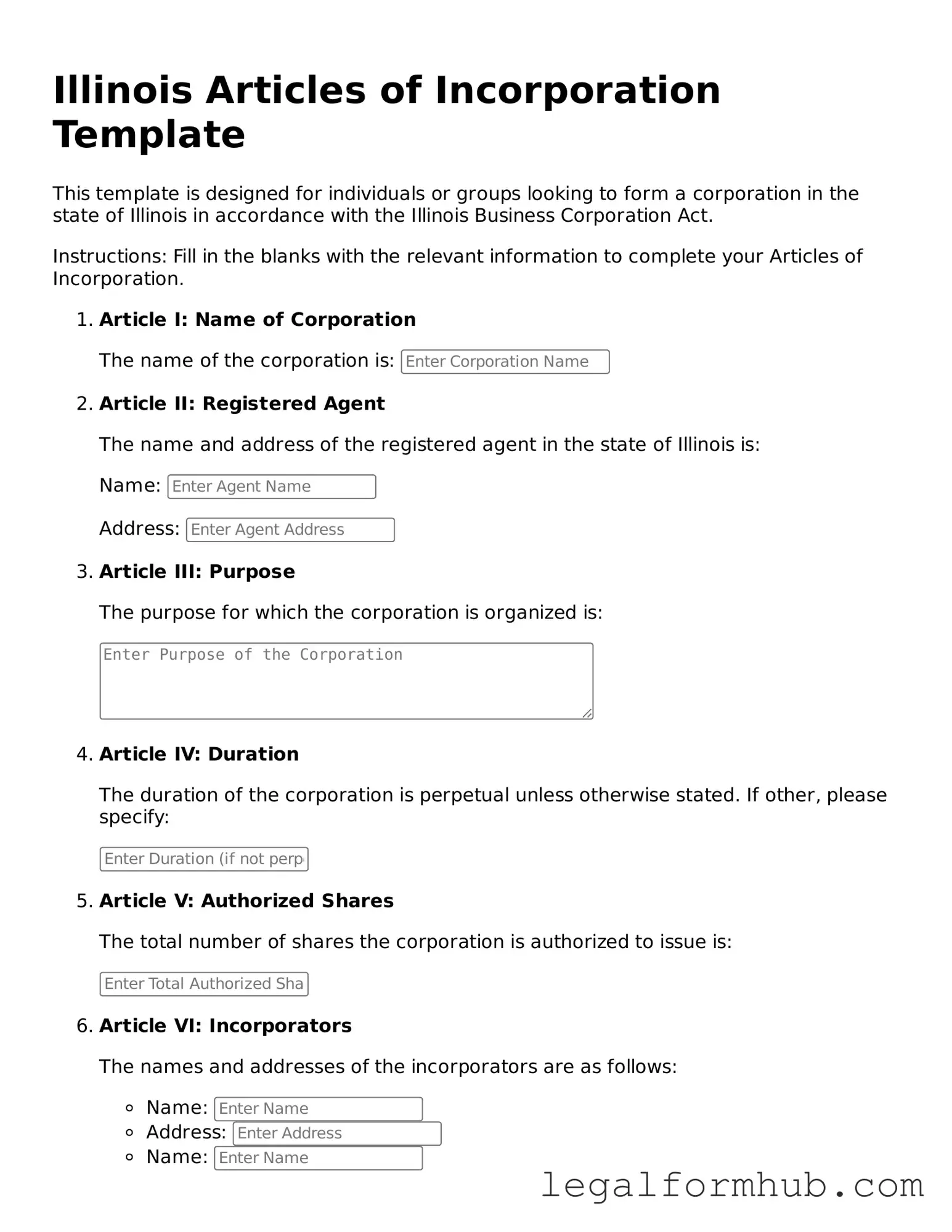 Free  Articles of Incorporation Template for Illinois