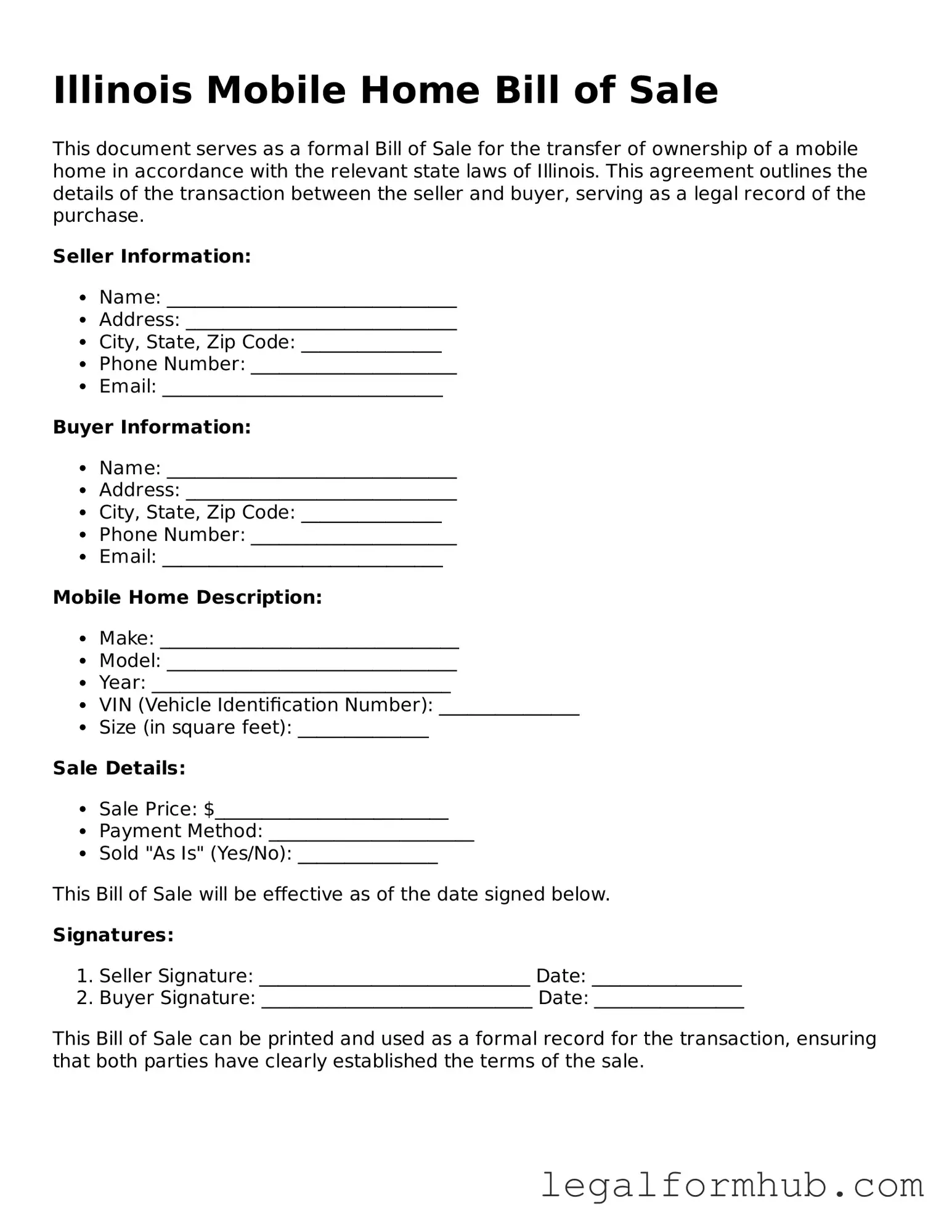 Free  Mobile Home Bill of Sale Template for Illinois