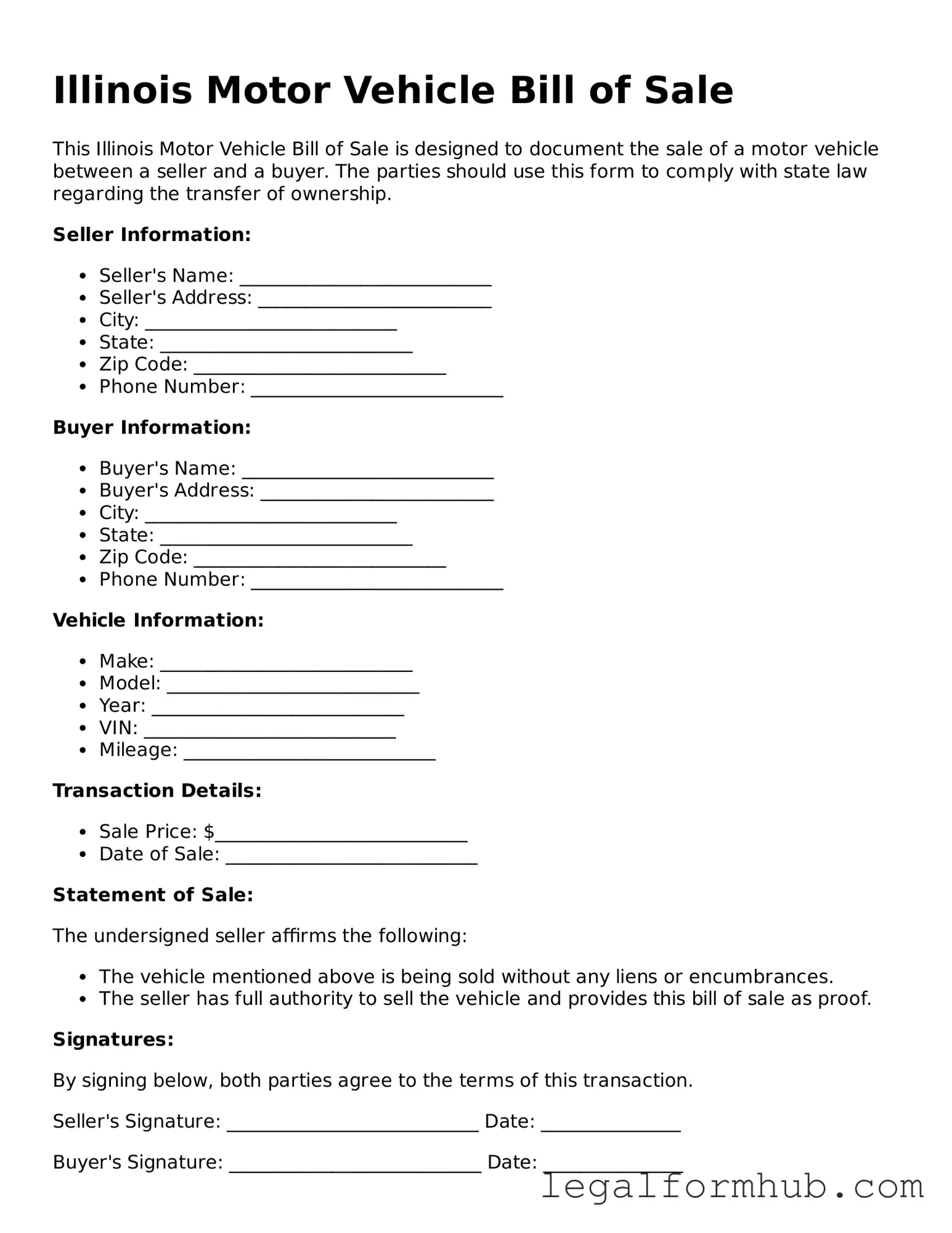 Free  Motor Vehicle Bill of Sale Template for Illinois