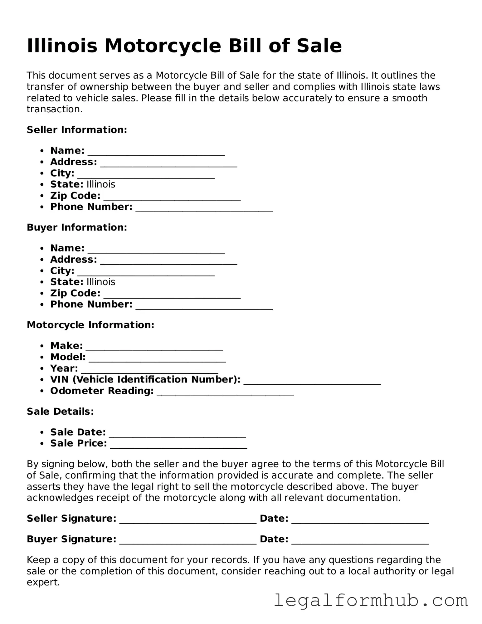 Free  Motorcycle Bill of Sale Template for Illinois