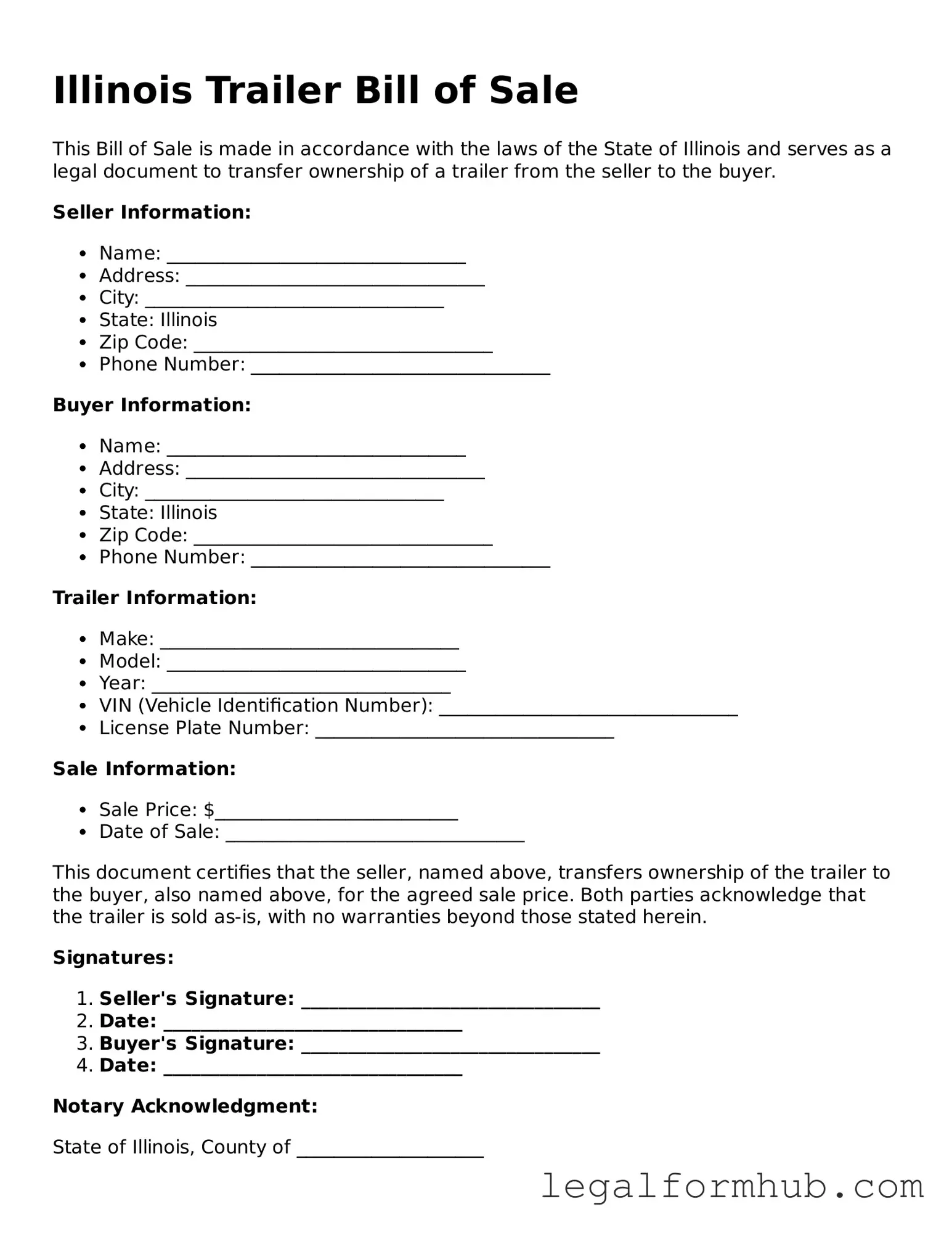 Free  Trailer Bill of Sale Template for Illinois
