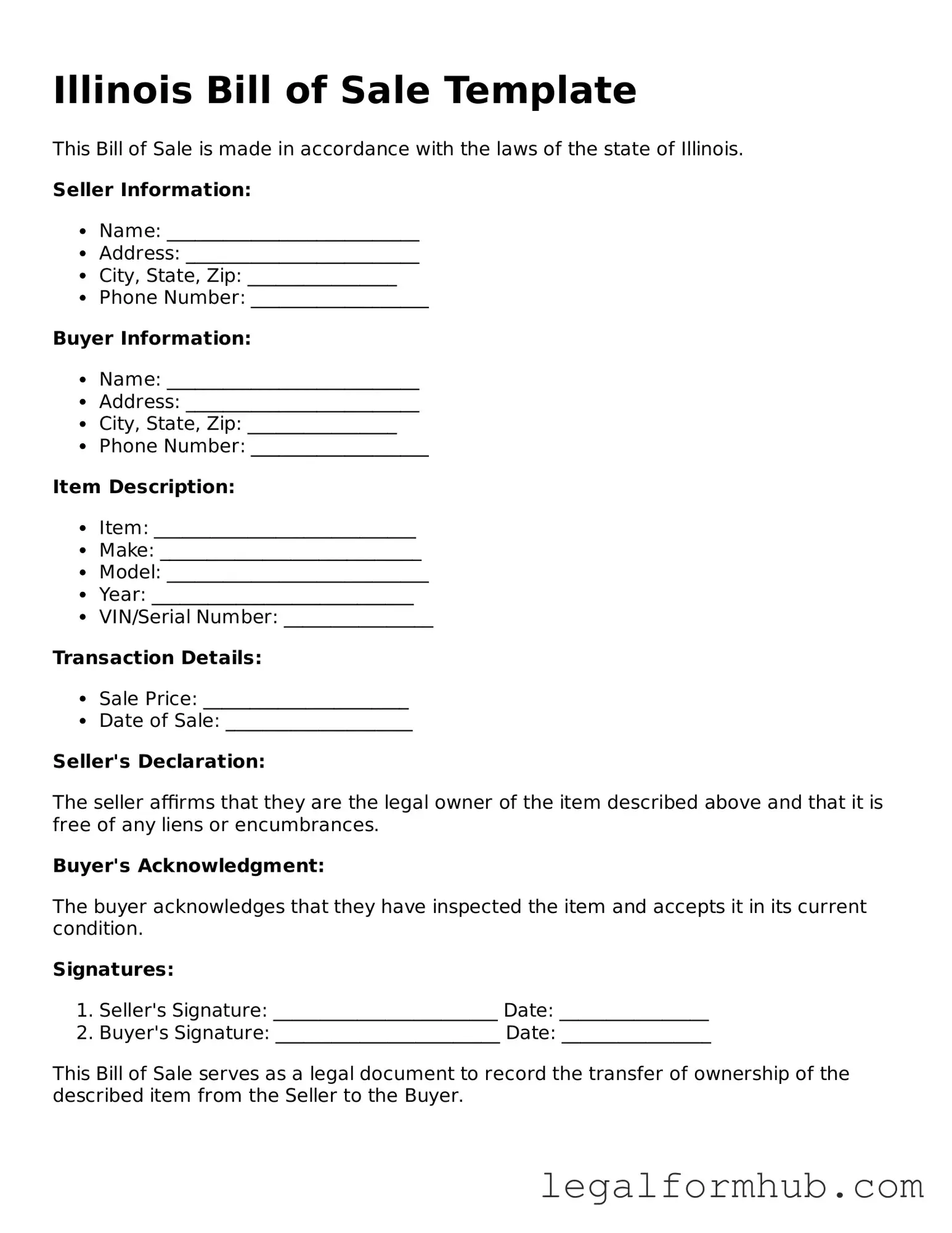 Free  Bill of Sale Template for Illinois