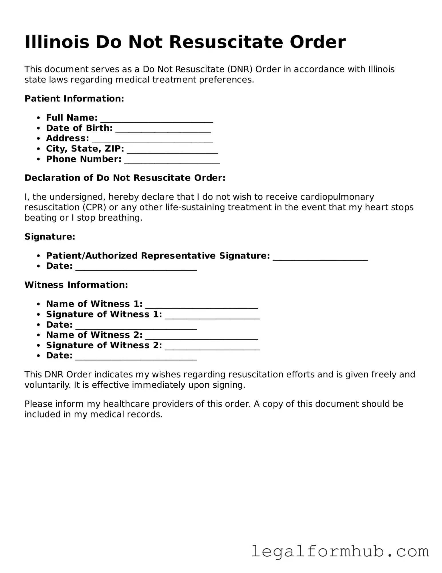 Free  Do Not Resuscitate Order Template for Illinois