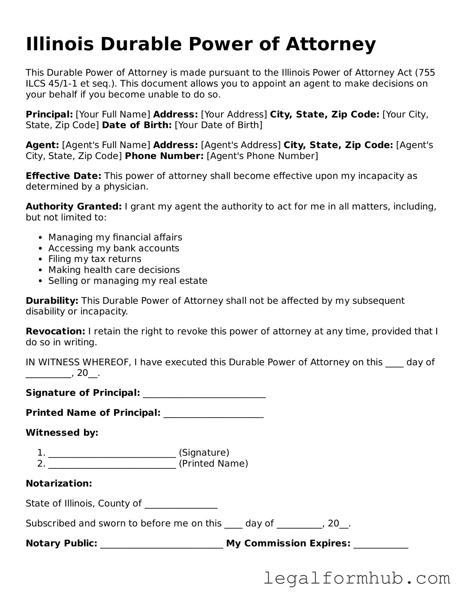 Free  Durable Power of Attorney Template for Illinois