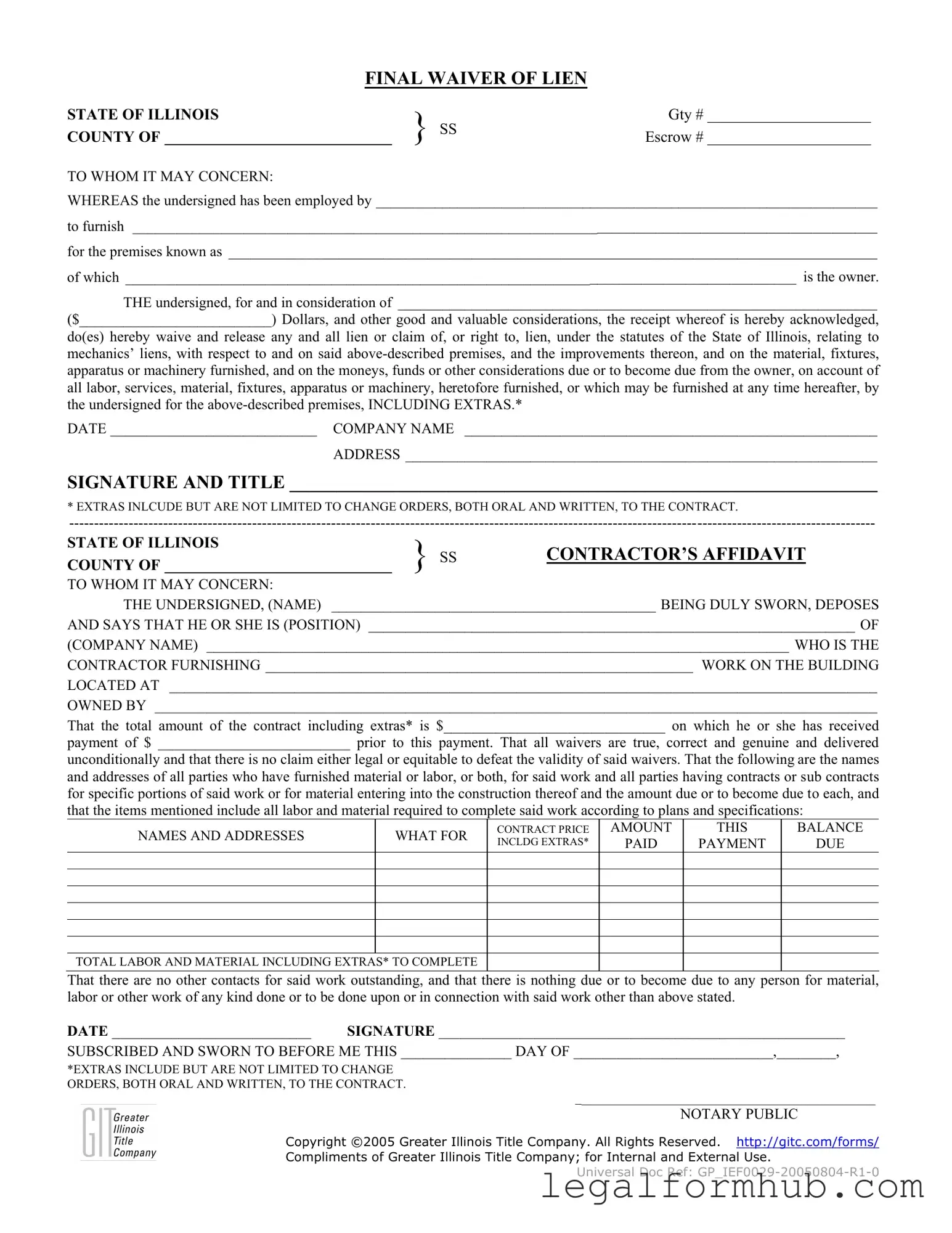 Fill Your Illinois Final Waiver Of Lien Form
