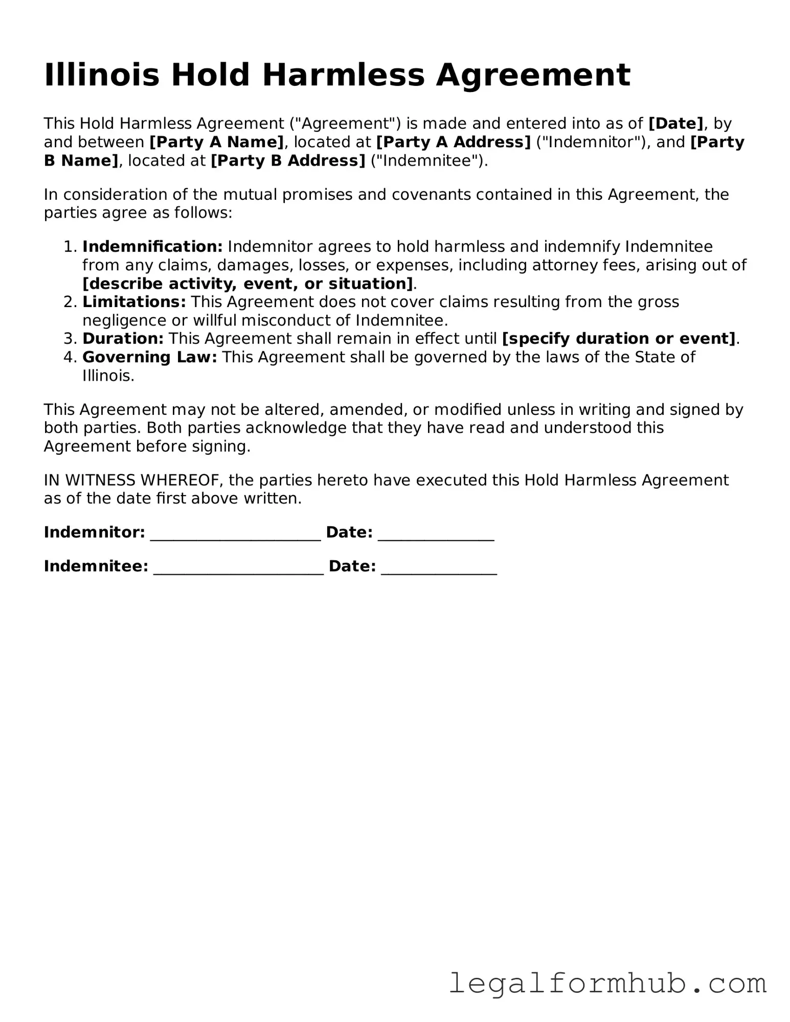 Free  Hold Harmless Agreement Template for Illinois