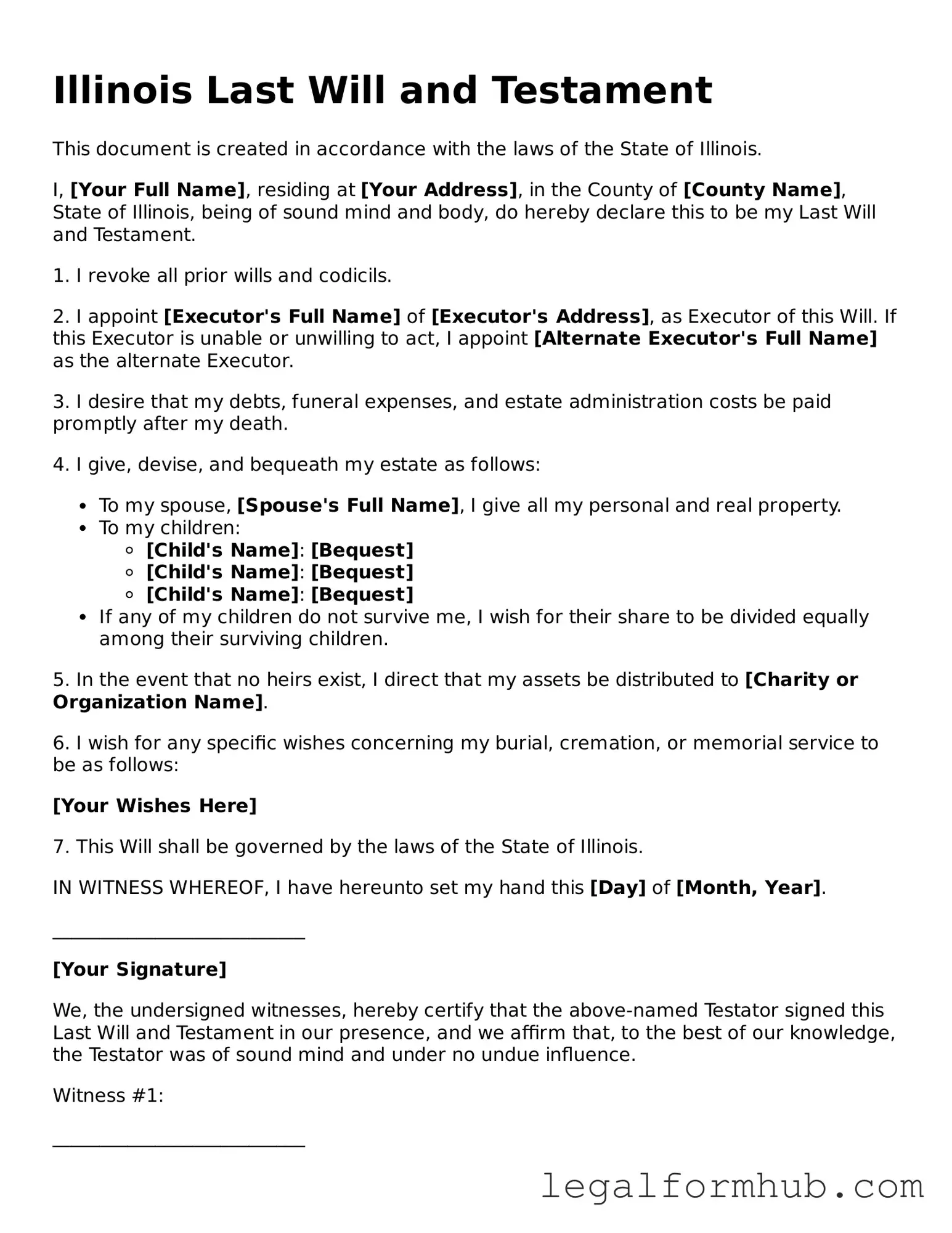 Free  Last Will and Testament Template for Illinois