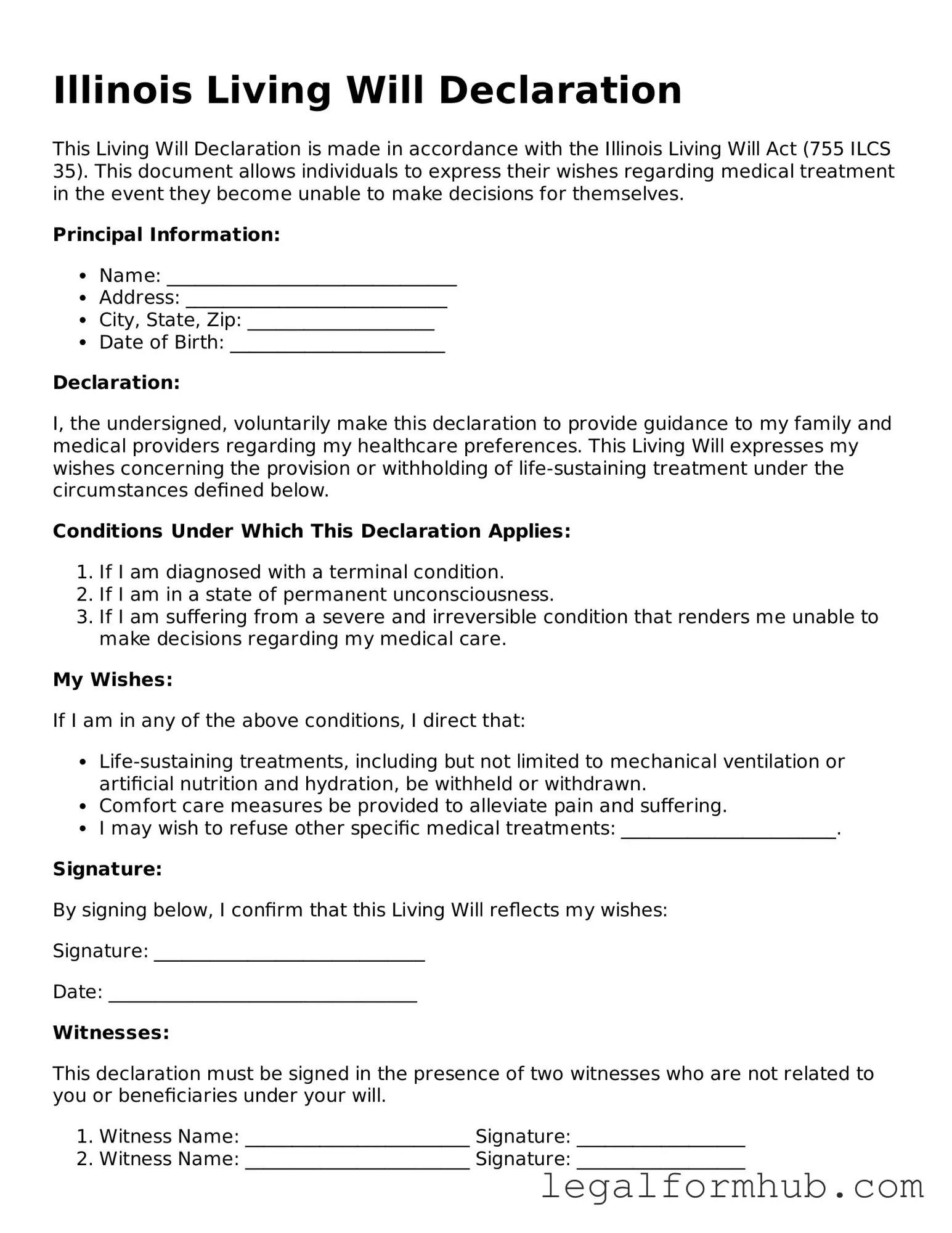 Free  Living Will Template for Illinois