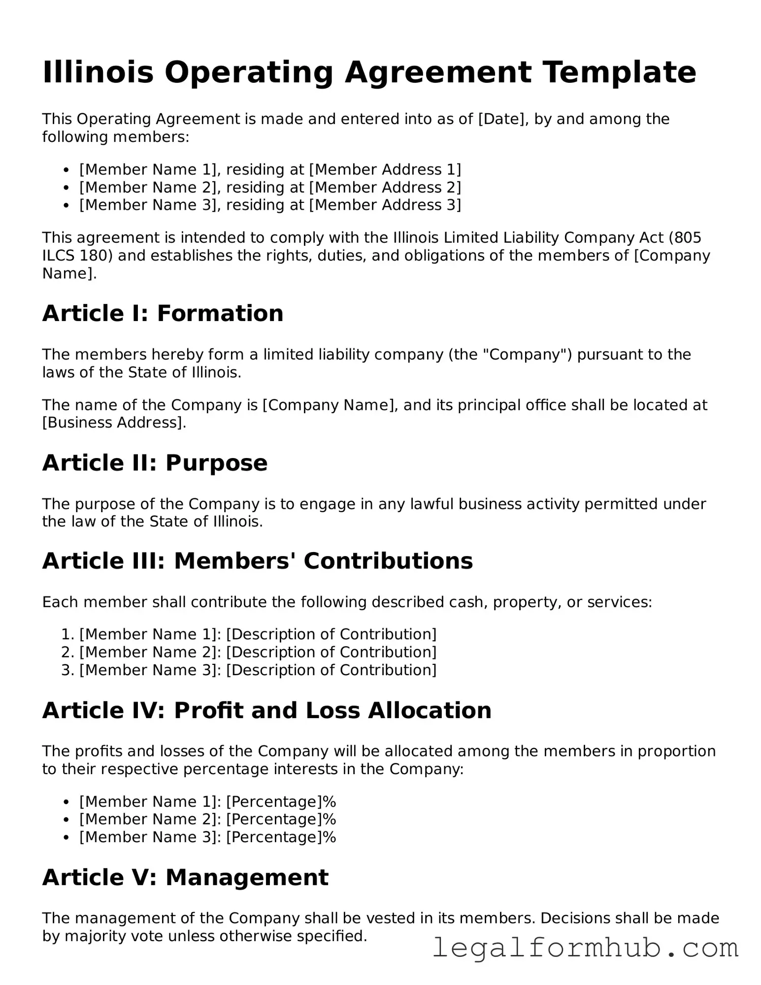 Free  Operating Agreement Template for Illinois