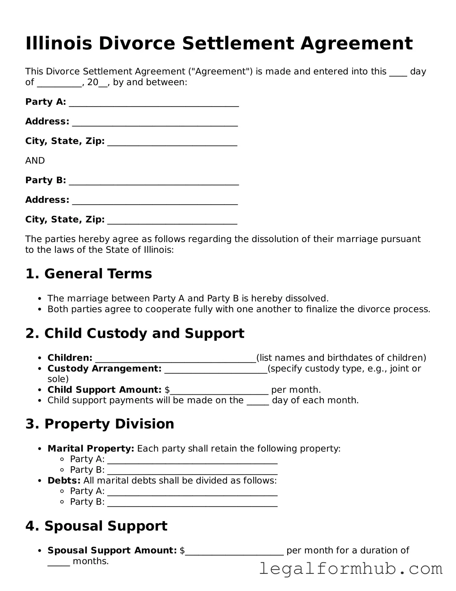 Free  Divorce Settlement Agreement Template for Illinois