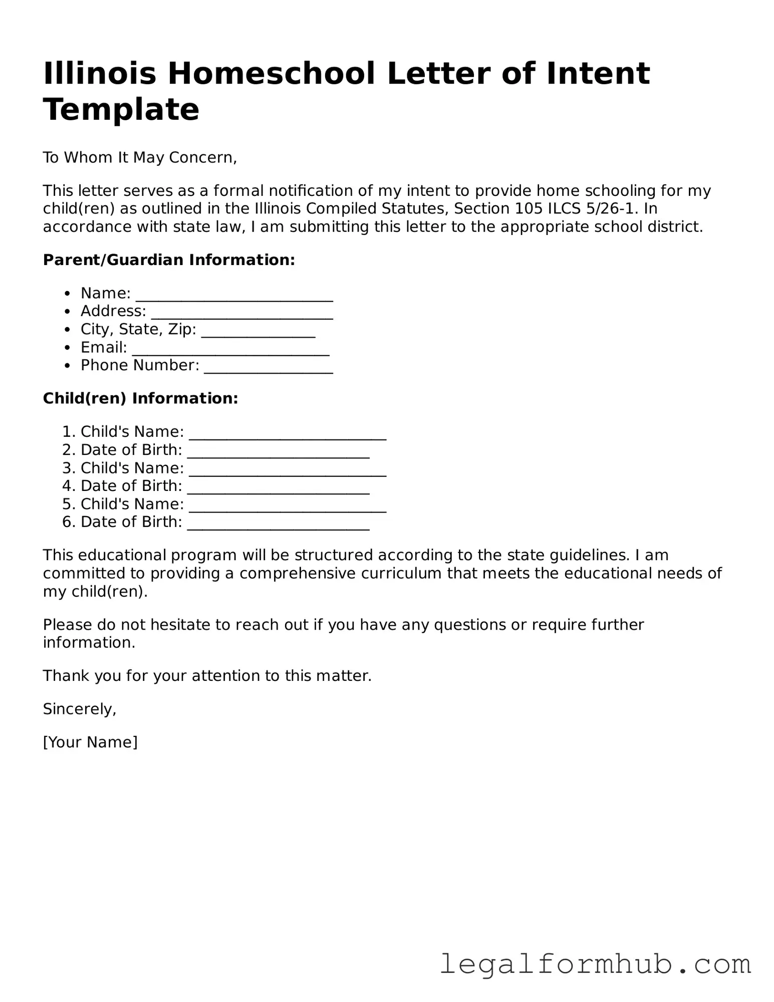 Free  Homeschool Letter of Intent Template for Illinois