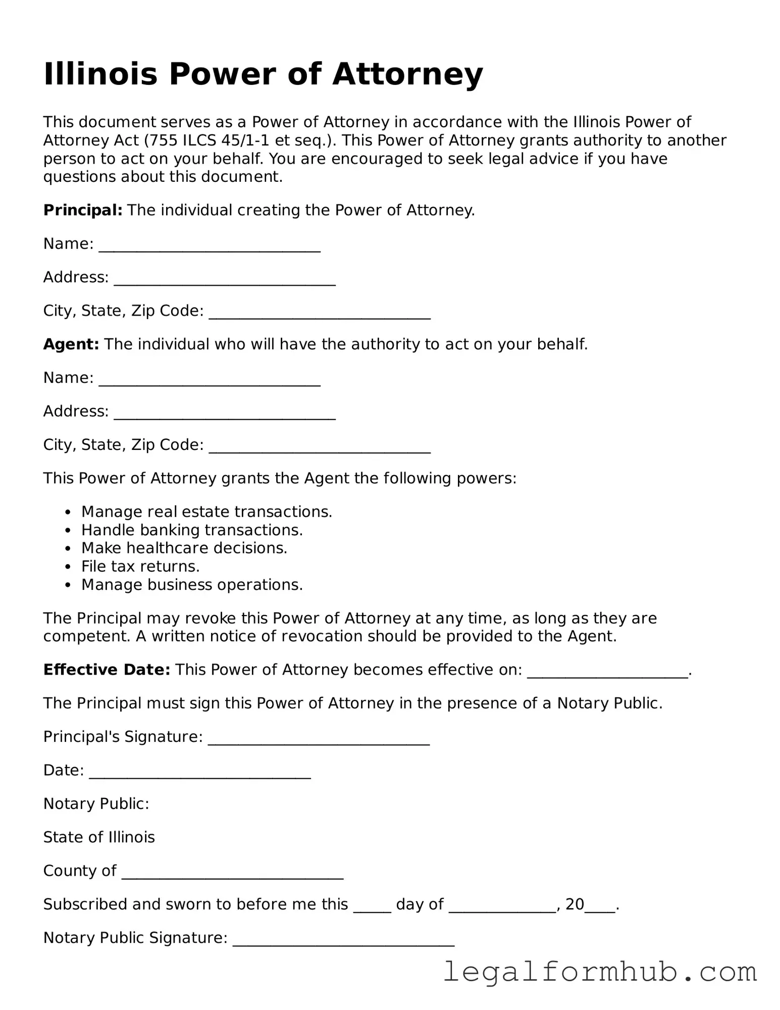 Free  Power of Attorney Template for Illinois