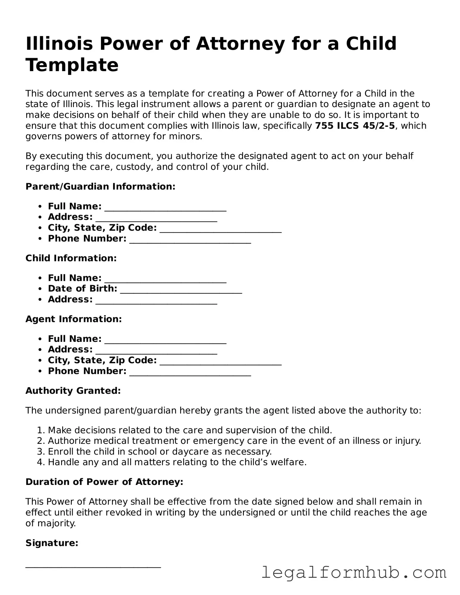 Free  Power of Attorney for a Child Template for Illinois
