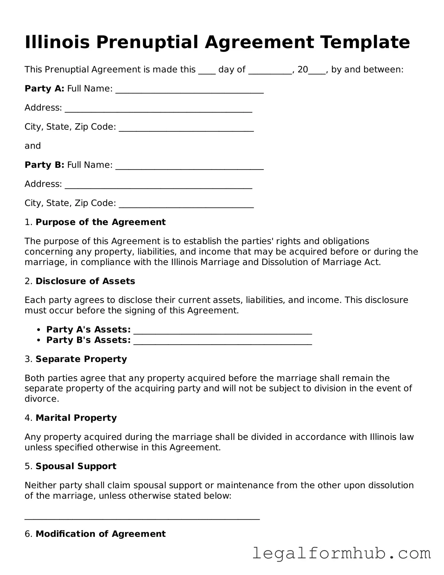 Free  Prenuptial Agreement Template for Illinois