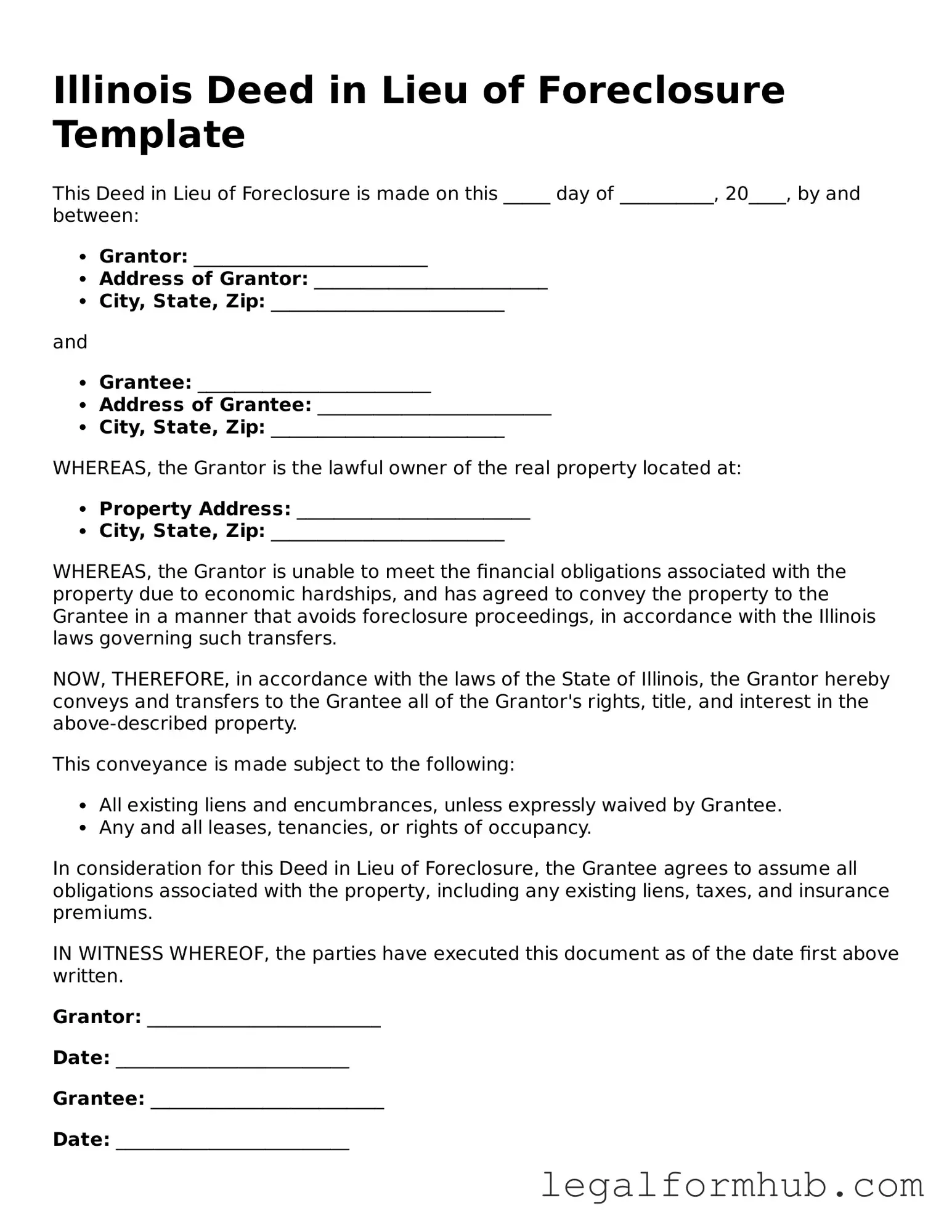 Free  Deed in Lieu of Foreclosure Template for Illinois