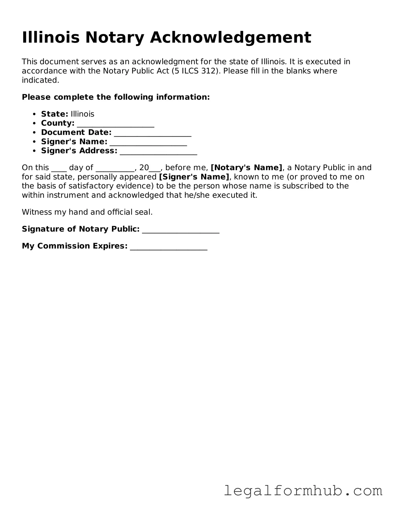 Free  Notary Acknowledgement Template for Illinois