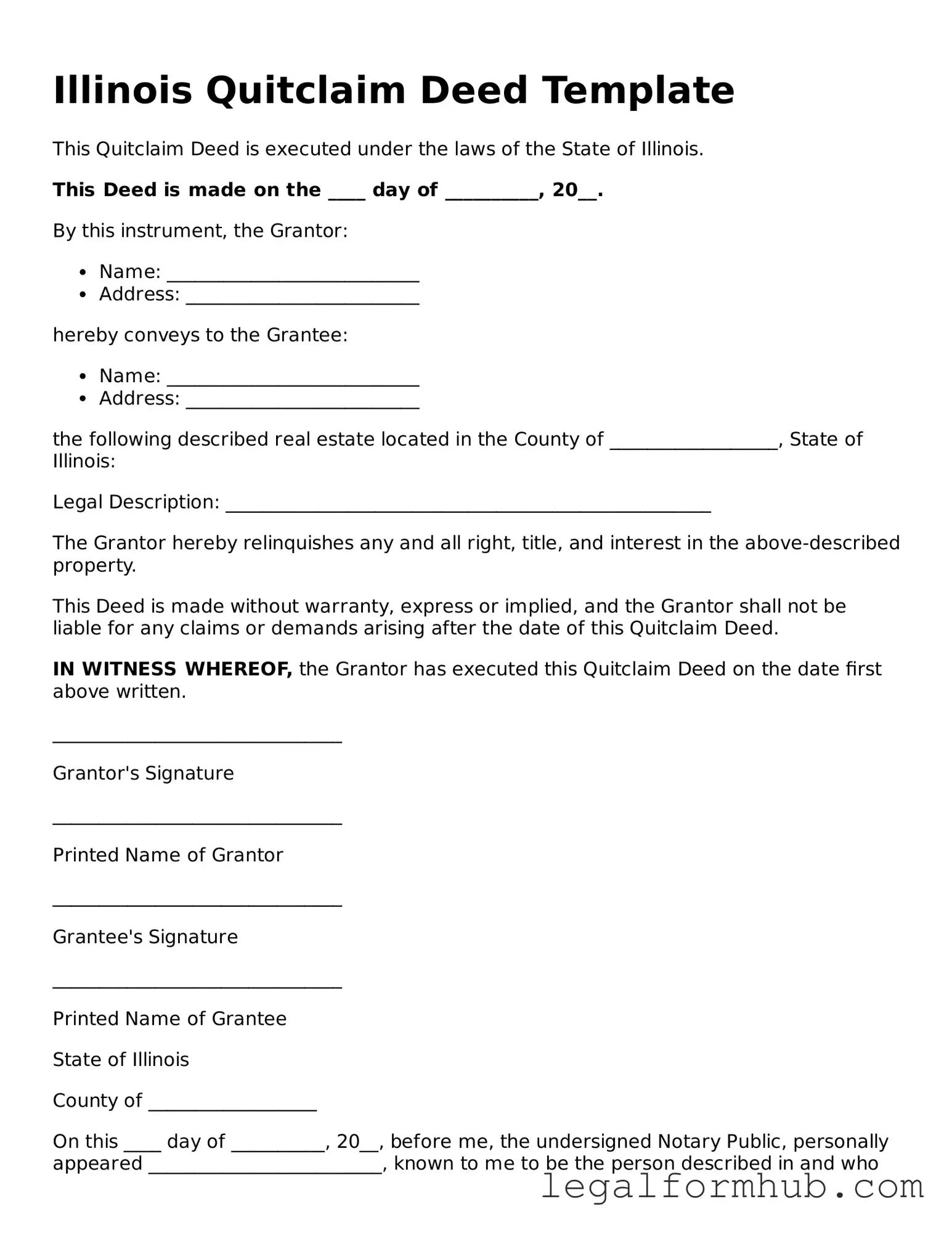 Free  Quitclaim Deed Template for Illinois