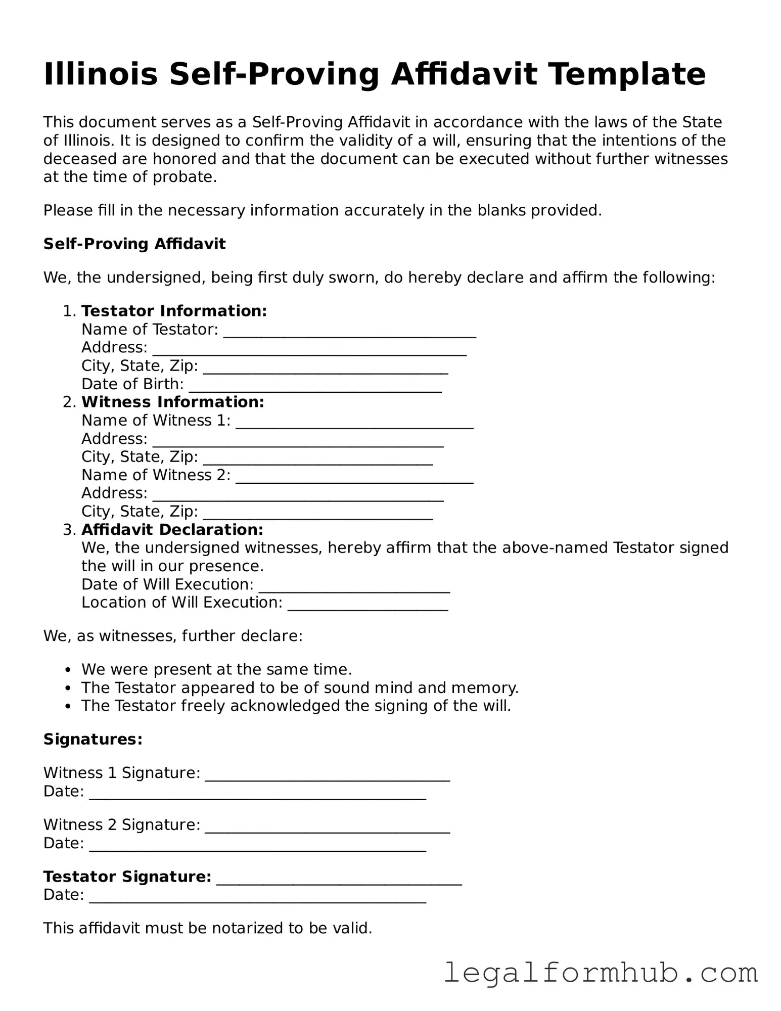 Free  Self-Proving Affidavit Template for Illinois