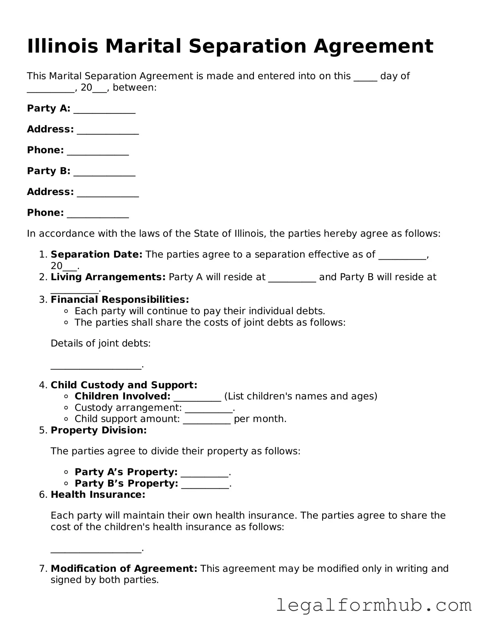 Free  Marital Separation Agreement Template for Illinois