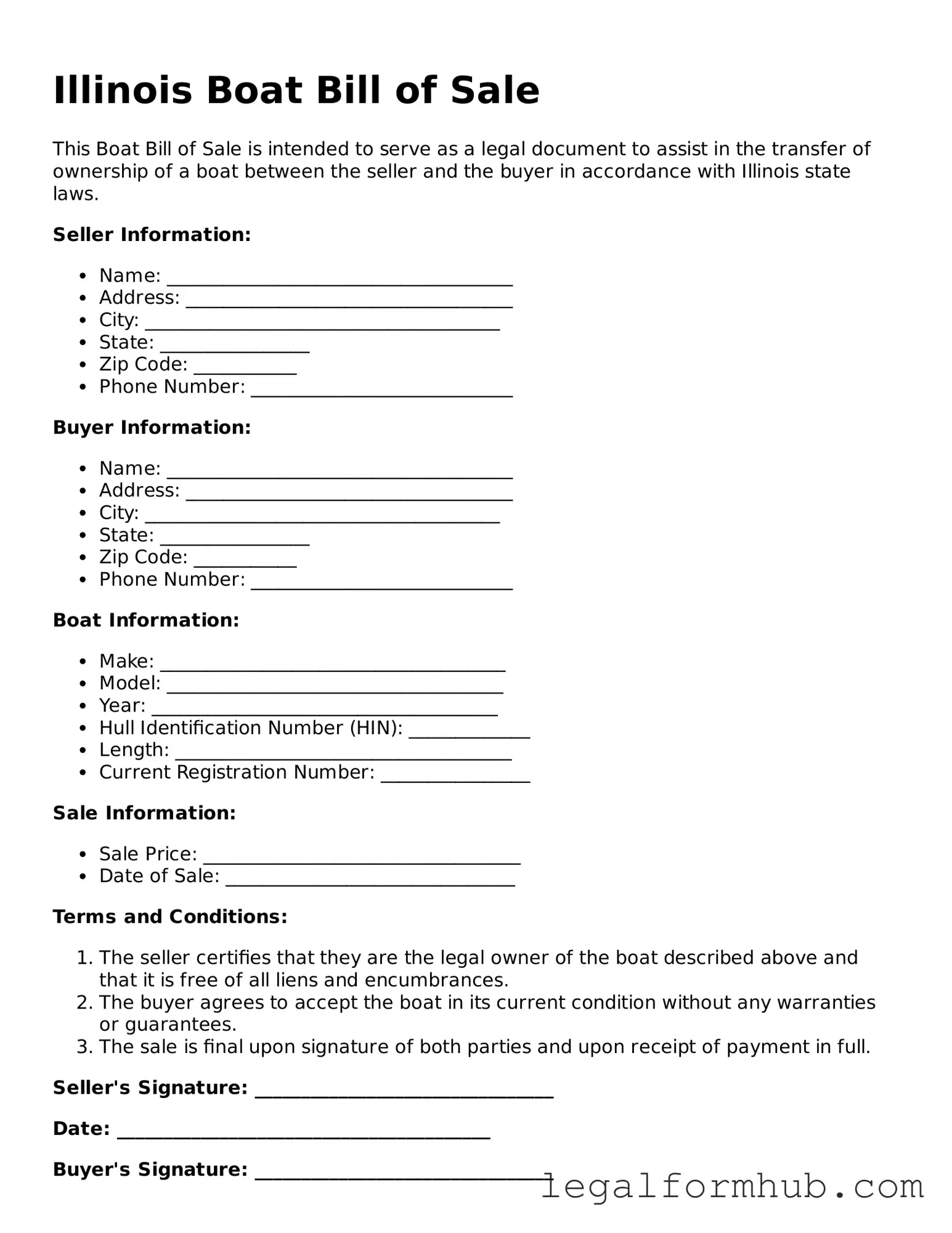 Free  Boat Bill of Sale Template for Illinois