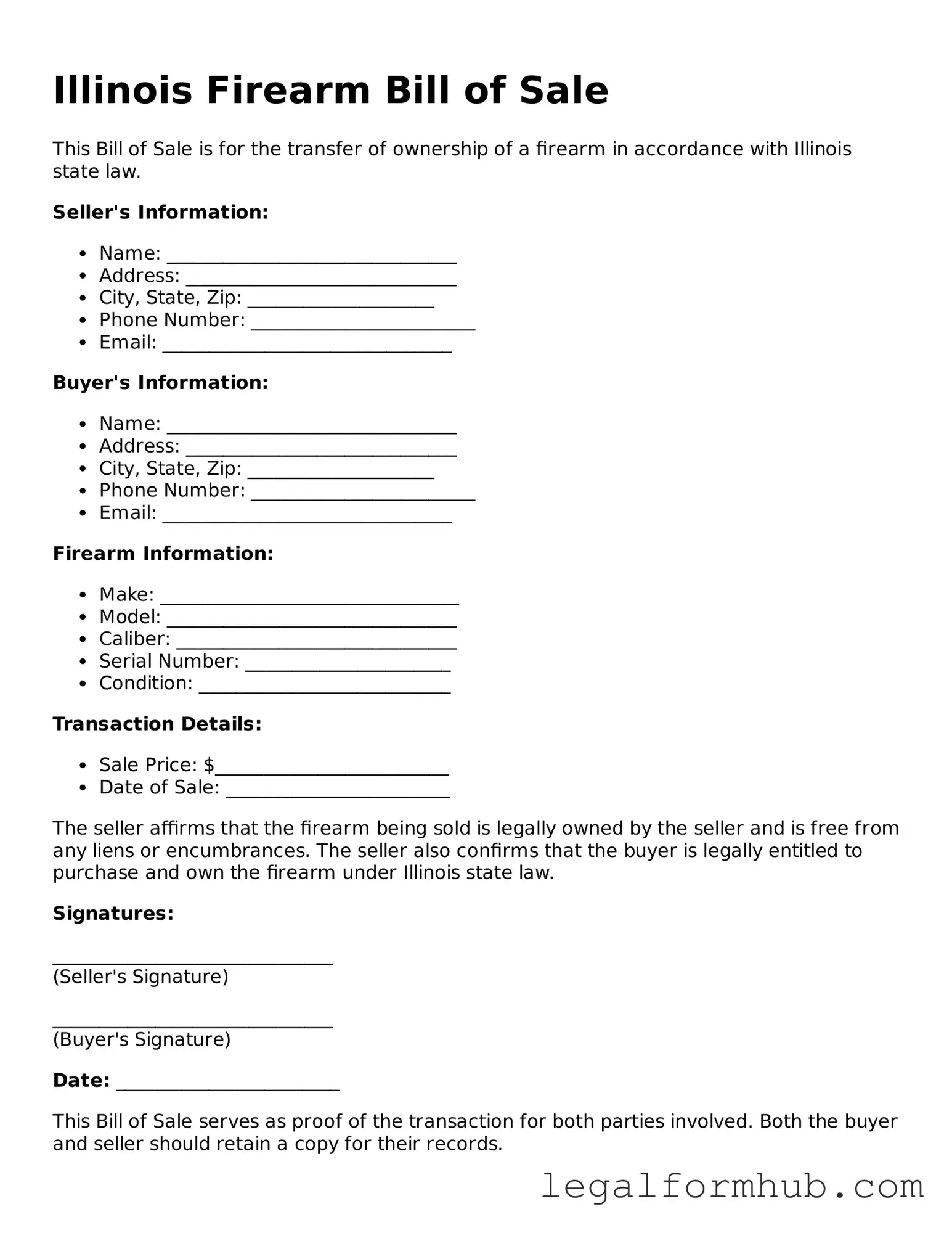 Free  Firearm Bill of Sale Template for Illinois